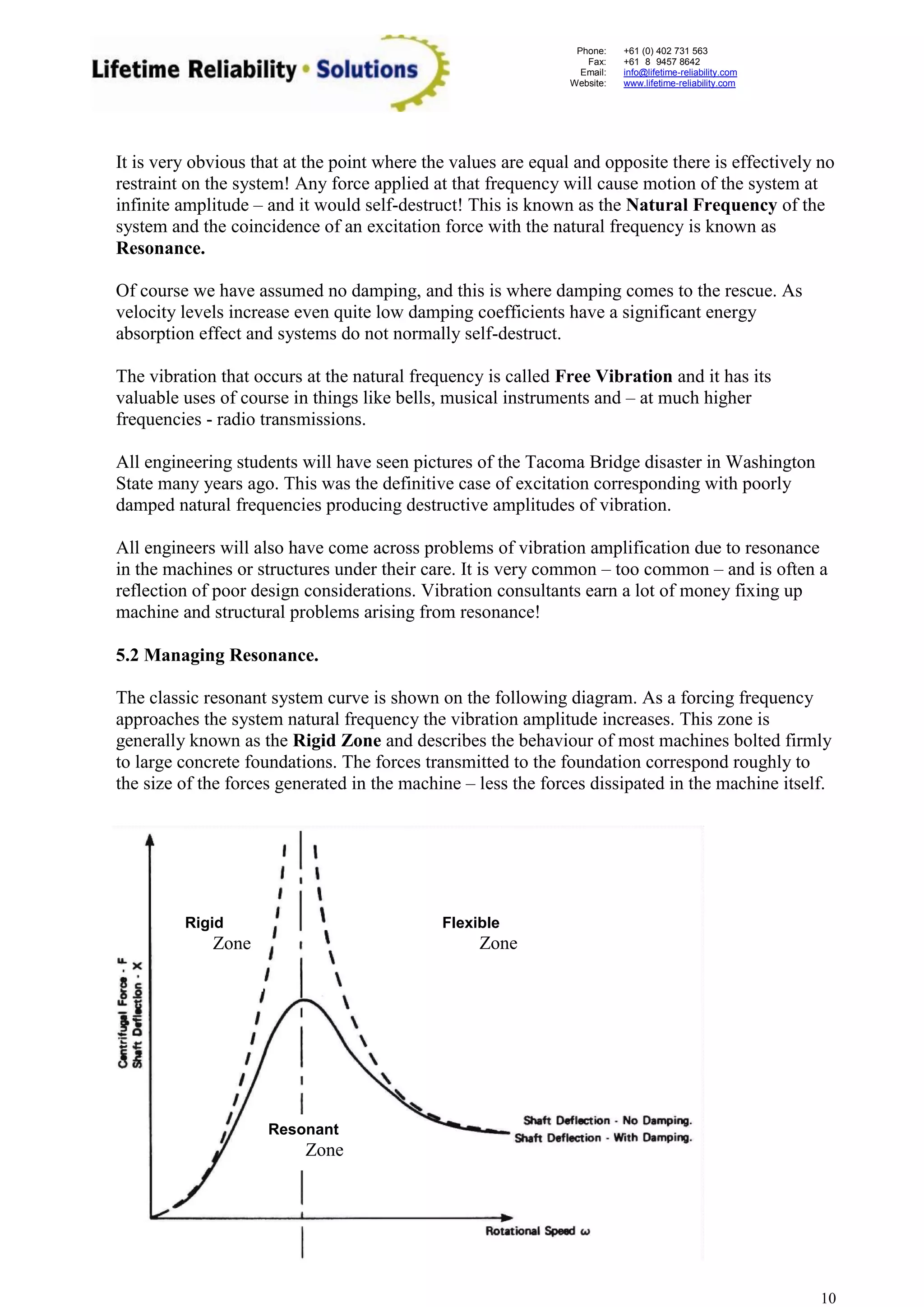 Phone: 
Fax: 
Email: 
Website: 
+61 (0) 402 731 563 
+61 (8) 9457 8642 
info@lifetime-reliability.com 
www.lifetime-reliability.com 
10 
It is very obvious that at the point where the values are equal and opposite there is effectively no restraint on the system! Any force applied at that frequency will cause motion of the system at infinite amplitude – and it would self-destruct! This is known as the Natural Frequency of the system and the coincidence of an excitation force with the natural frequency is known as Resonance. 
Of course we have assumed no damping, and this is where damping comes to the rescue. As velocity levels increase even quite low damping coefficients have a significant energy absorption effect and systems do not normally self-destruct. 
The vibration that occurs at the natural frequency is called Free Vibration and it has its valuable uses of course in things like bells, musical instruments and – at much higher frequencies - radio transmissions. 
All engineering students will have seen pictures of the Tacoma Bridge disaster in Washington State many years ago. This was the definitive case of excitation corresponding with poorly damped natural frequencies producing destructive amplitudes of vibration. 
All engineers will also have come across problems of vibration amplification due to resonance in the machines or structures under their care. It is very common – too common – and is often a reflection of poor design considerations. Vibration consultants earn a lot of money fixing up machine and structural problems arising from resonance! 
5.2 Managing Resonance. 
The classic resonant system curve is shown on the following diagram. As a forcing frequency approaches the system natural frequency the vibration amplitude increases. This zone is generally known as the Rigid Zone and describes the behaviour of most machines bolted firmly to large concrete foundations. The forces transmitted to the foundation correspond roughly to the size of the forces generated in the machine – less the forces dissipated in the machine itself. 
Rigid 
Zone 
Flexible 
Zone 
Resonant 
Zone  