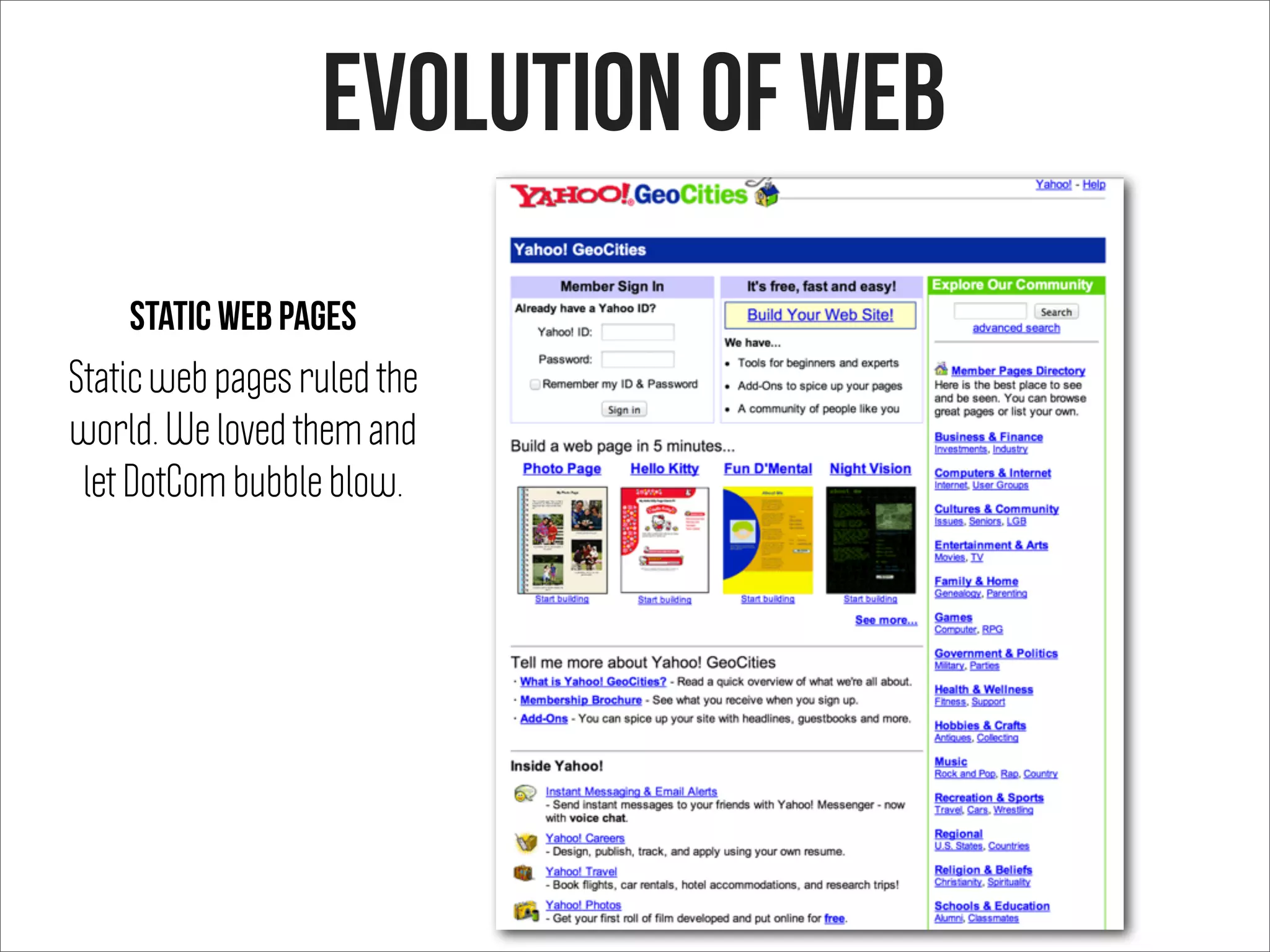 Static web pages ruled the
world. We loved them and
let DotCom bubble blow.
Evolution of web
Static web pages
 