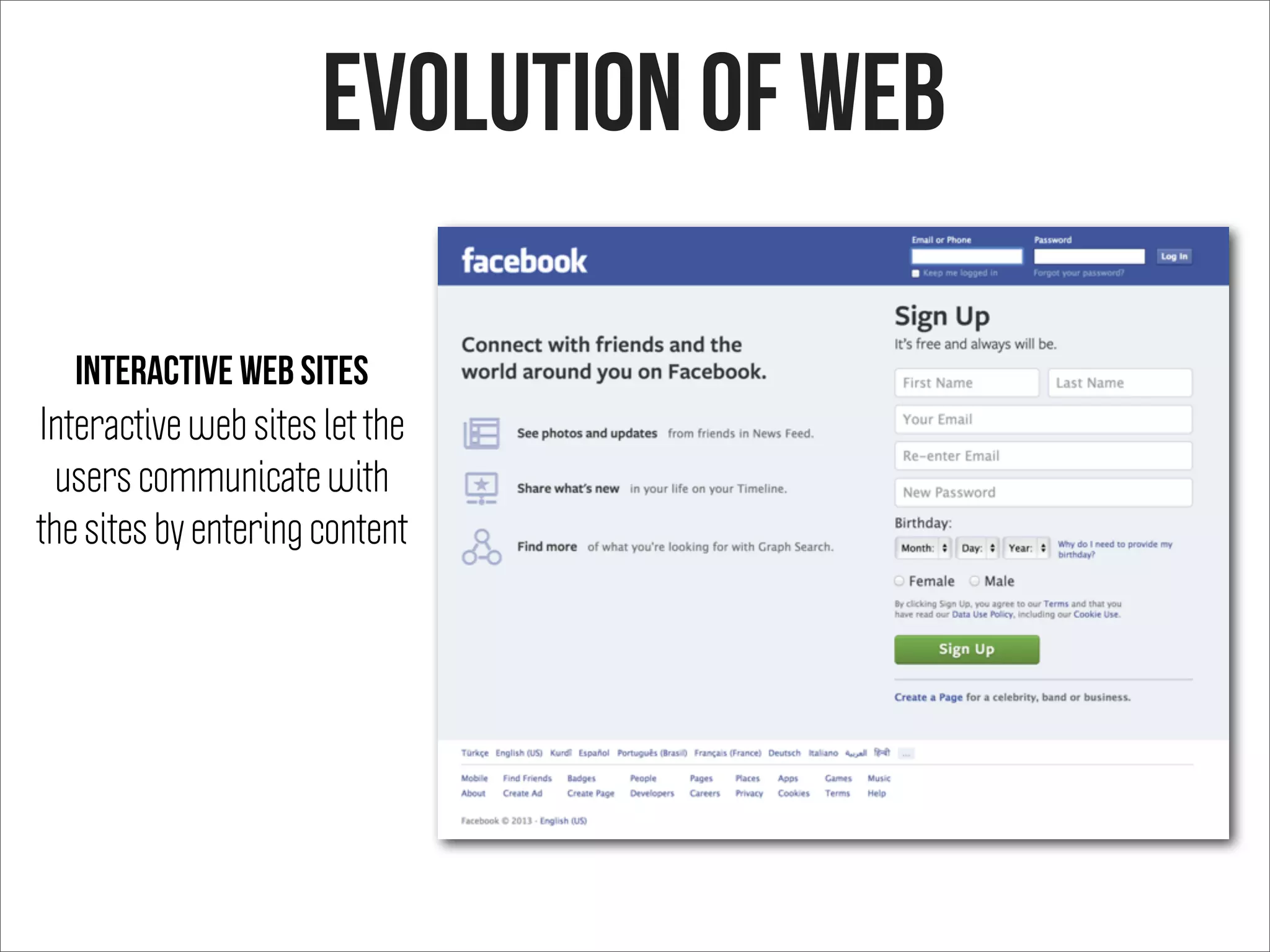 Interactive web sites let the
users communicate with
the sites by entering content
Evolution of web
Interactive web sites
 