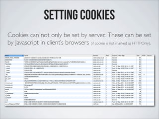 Setting Cookies
Cookies can not only be set by server. These can be set
by Javascript in client’s browsers (if cookie is n...