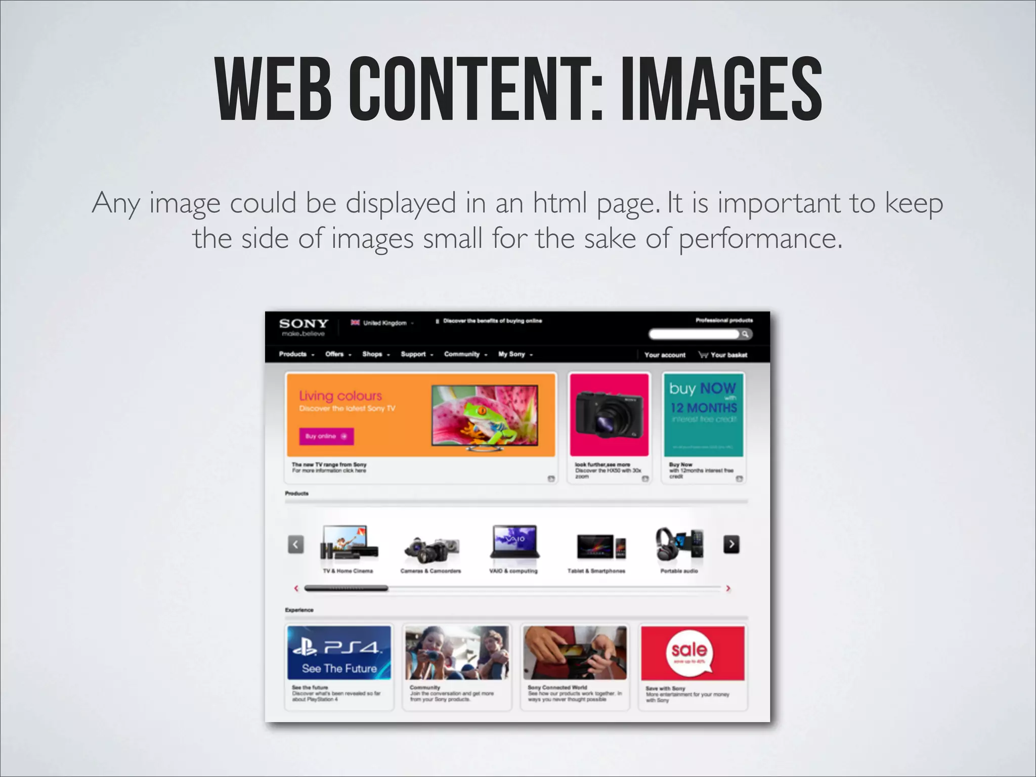Web Content: IMAGES Any image could be displayed in an html page. It is important to keep the side of images small for the sake of performance. 
