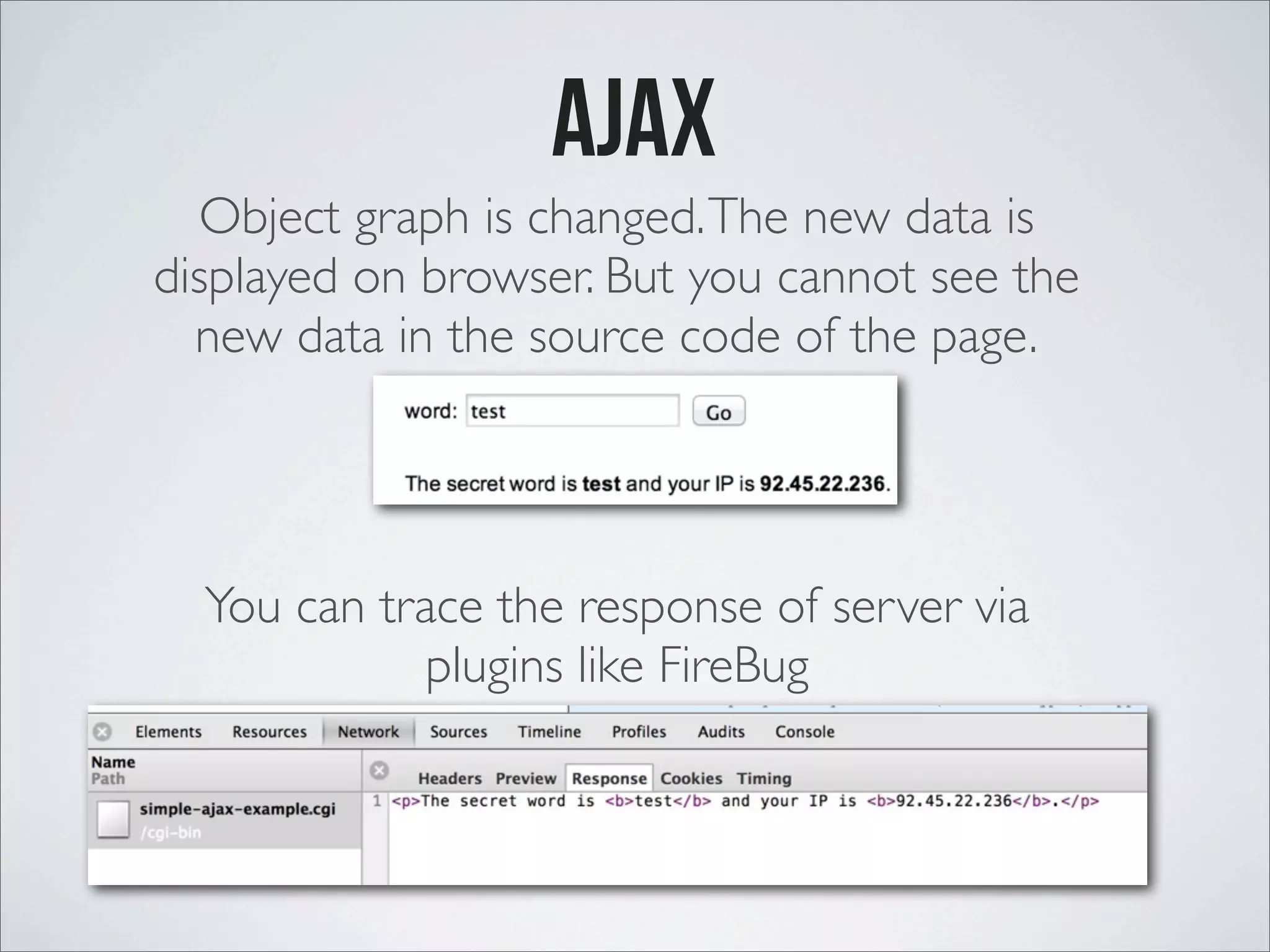 ajax Object graph is changed.The new data is displayed on browser. But you cannot see the new data in the source code of the page. You can trace the response of server via plugins like FireBug 