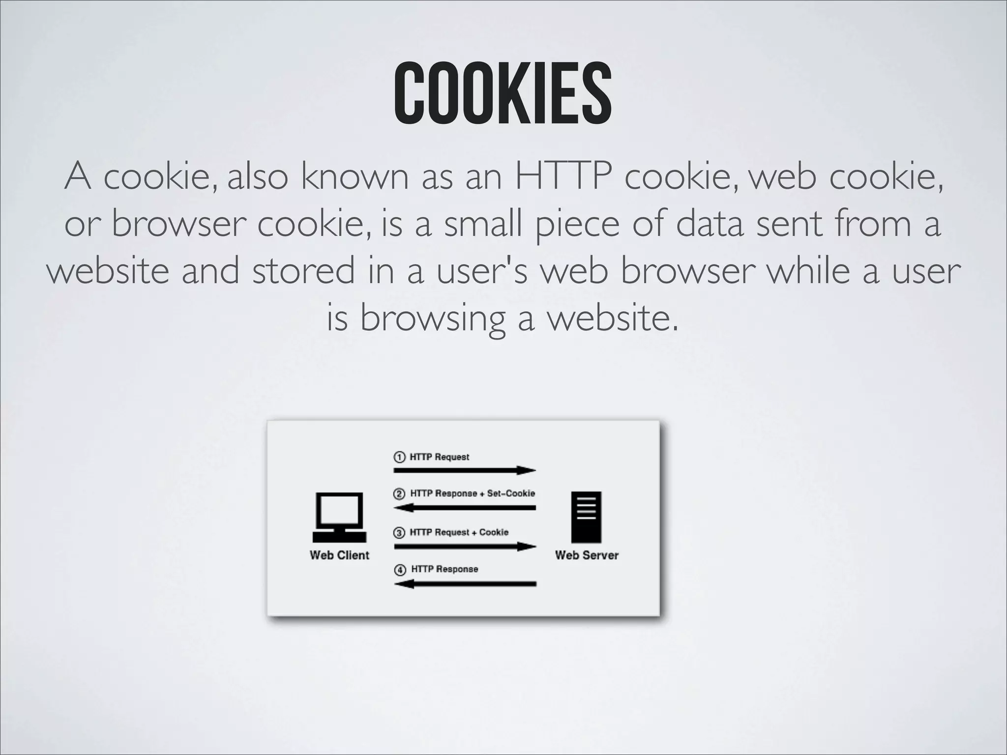 Cookies A cookie, also known as an HTTP cookie, web cookie, or browser cookie, is a small piece of data sent from a website and stored in a user's web browser while a user is browsing a website. 