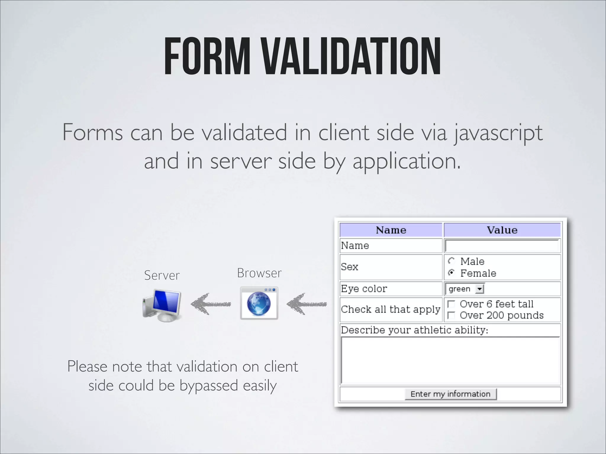 Form Validation Forms can be validated in client side via javascript and in server side by application. Server Browser Please note that validation on client side could be bypassed easily 