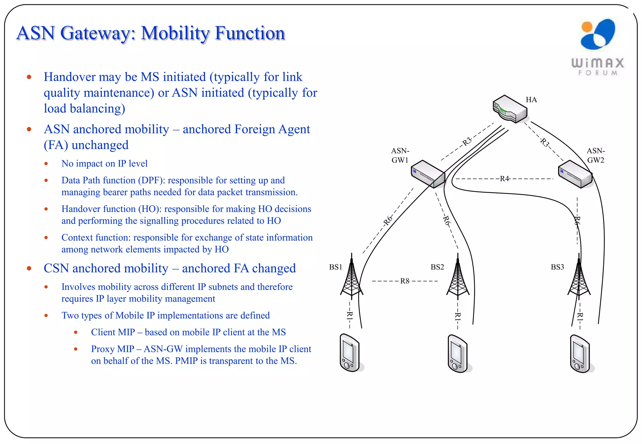 ASN Gateway: Mobility Function

    Handover may be MS initiated (typically for link
     quality maintenance) or ASN initiated (typically for                                                             HA
     load balancing)
    ASN anchored mobility – anchored Foreign Agent
                                                                                                                           R3
     (FA) unchanged                                                                                         R3
                                                                                       ASN-                                                ASN-
        No impact on IP level                                                         GW1                                                 GW2

        Data Path function (DPF): responsible for setting up and                                                R4
         managing bearer paths needed for data packet transmission.
        Handover function (HO): responsible for making HO decisions




                                                                                                                                      R6
         and performing the signalling procedures related to HO




                                                                                                  R6
                                                                                      R6
        Context function: responsible for exchange of state information
         among network elements impacted by HO

    CSN anchored mobility – anchored FA changed                           BS1                  BS2                             BS3
                                                                                           R8
        Involves mobility across different IP subnets and therefore
         requires IP layer mobility management
     


                                                                                 R1
         Two types of Mobile IP implementations are defined




                                                                                                       R1




                                                                                                                                      R1
               Client MIP – based on mobile IP client at the MS
               Proxy MIP – ASN-GW implements the mobile IP client
                on behalf of the MS. PMIP is transparent to the MS.
 