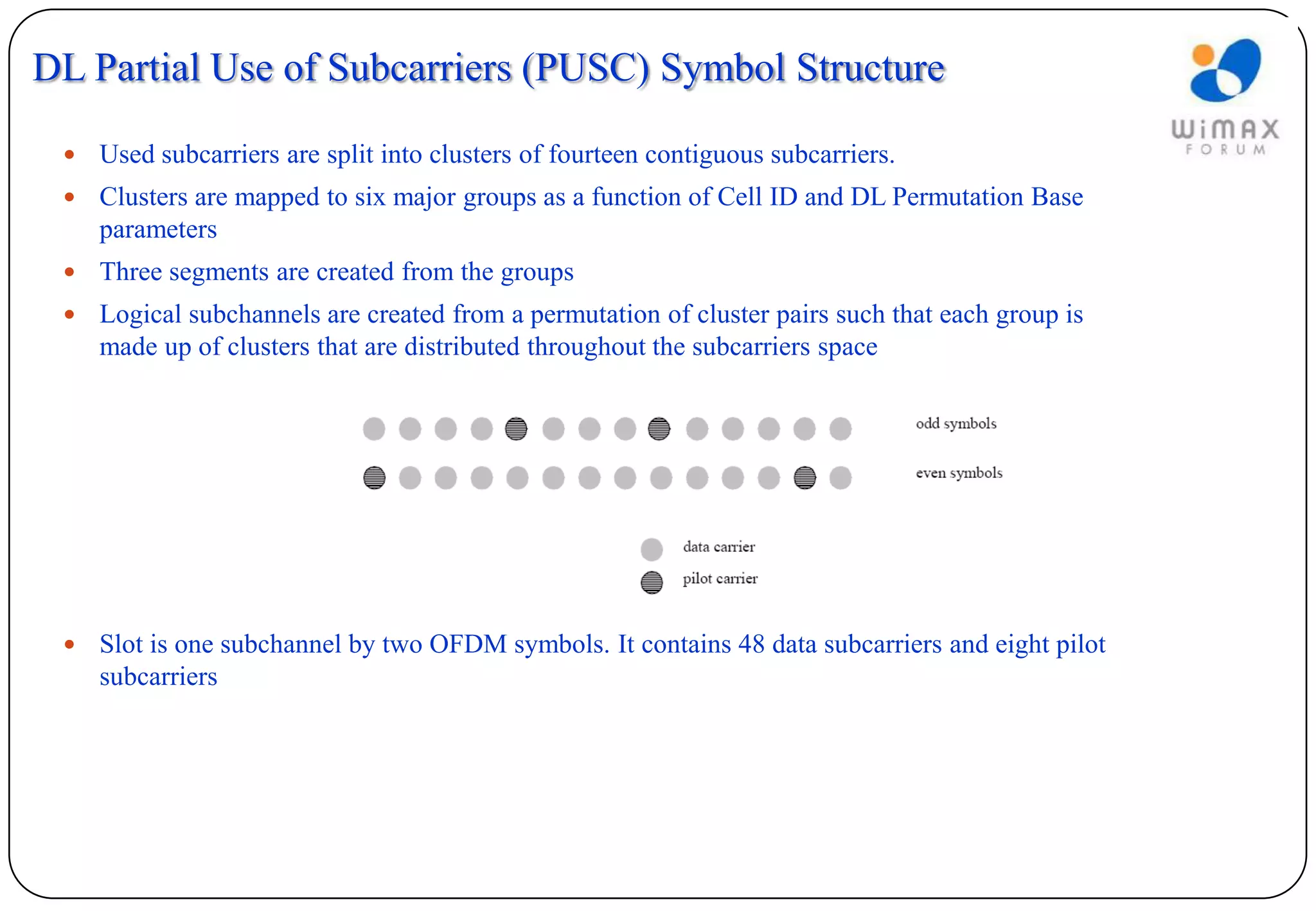 DL Partial Use of Subcarriers (PUSC) Symbol Structure

    Used subcarriers are split into clusters of fourteen contiguous subcarriers.
    Clusters are mapped to six major groups as a function of Cell ID and DL Permutation Base
     parameters
    Three segments are created from the groups
    Logical subchannels are created from a permutation of cluster pairs such that each group is
     made up of clusters that are distributed throughout the subcarriers space




    Slot is one subchannel by two OFDM symbols. It contains 48 data subcarriers and eight pilot
     subcarriers
 