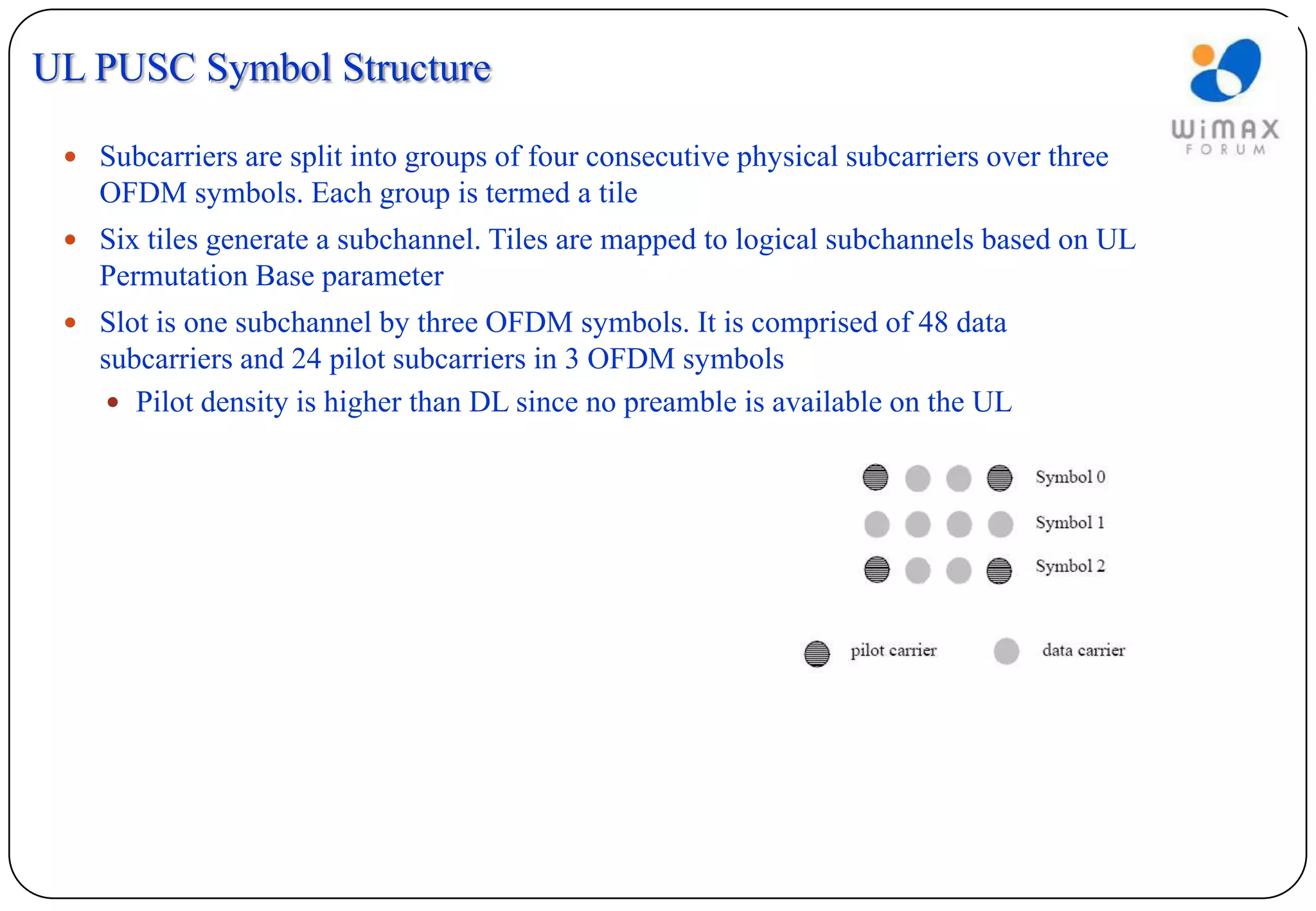 UL PUSC Symbol Structure

  Subcarriers are split into groups of four consecutive physical subcarriers over three
    OFDM symbols. Each group is termed a tile
  Six tiles generate a subchannel. Tiles are mapped to logical subchannels based on UL
    Permutation Base parameter
  Slot is one subchannel by three OFDM symbols. It is comprised of 48 data
    subcarriers and 24 pilot subcarriers in 3 OFDM symbols
      Pilot density is higher than DL since no preamble is available on the UL
 