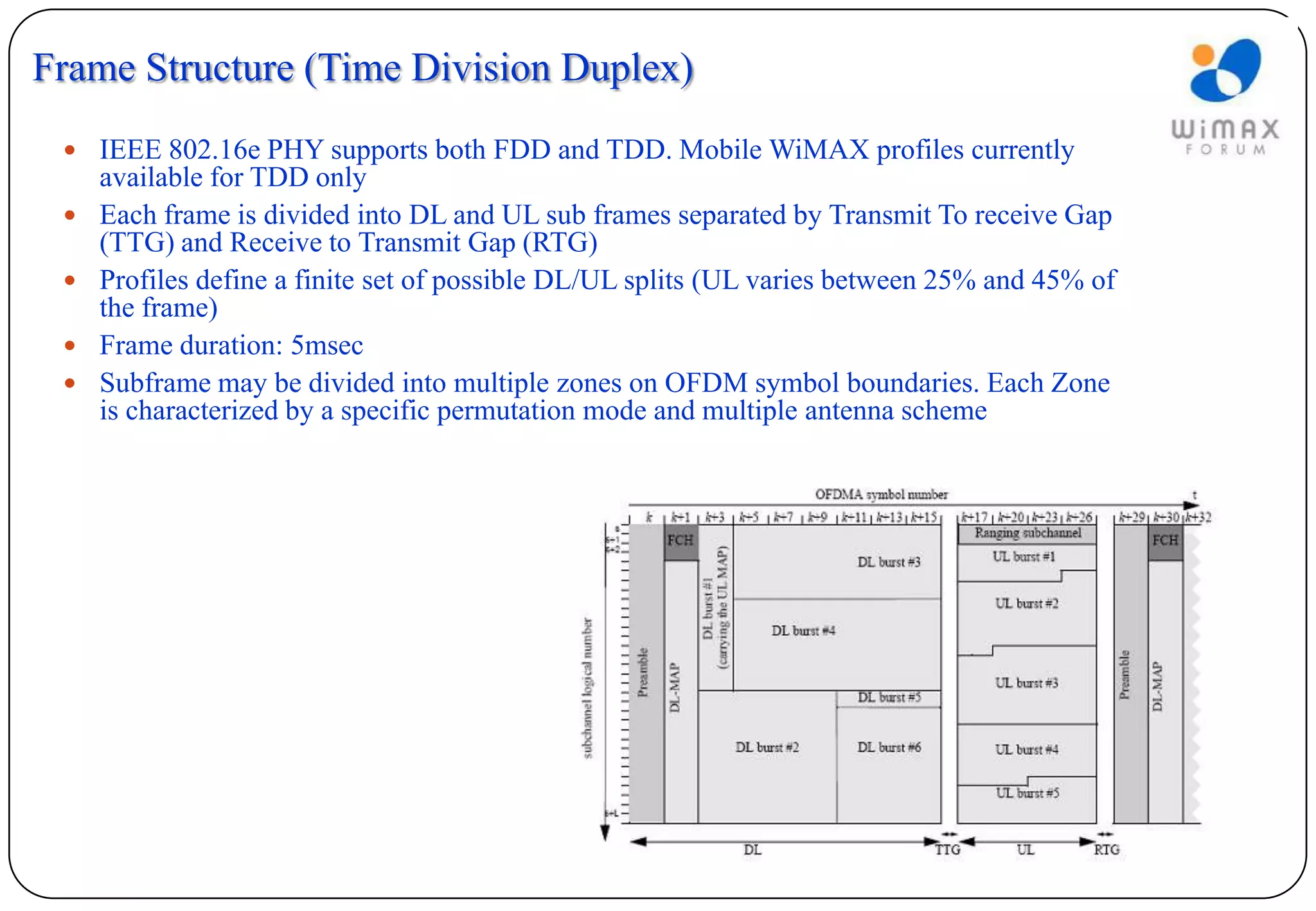 Frame Structure (Time Division Duplex)
  IEEE 802.16e PHY supports both FDD and TDD. Mobile WiMAX profiles currently
     available for TDD only
    Each frame is divided into DL and UL sub frames separated by Transmit To receive Gap
     (TTG) and Receive to Transmit Gap (RTG)
    Profiles define a finite set of possible DL/UL splits (UL varies between 25% and 45% of
     the frame)
    Frame duration: 5msec
    Subframe may be divided into multiple zones on OFDM symbol boundaries. Each Zone
     is characterized by a specific permutation mode and multiple antenna scheme
 