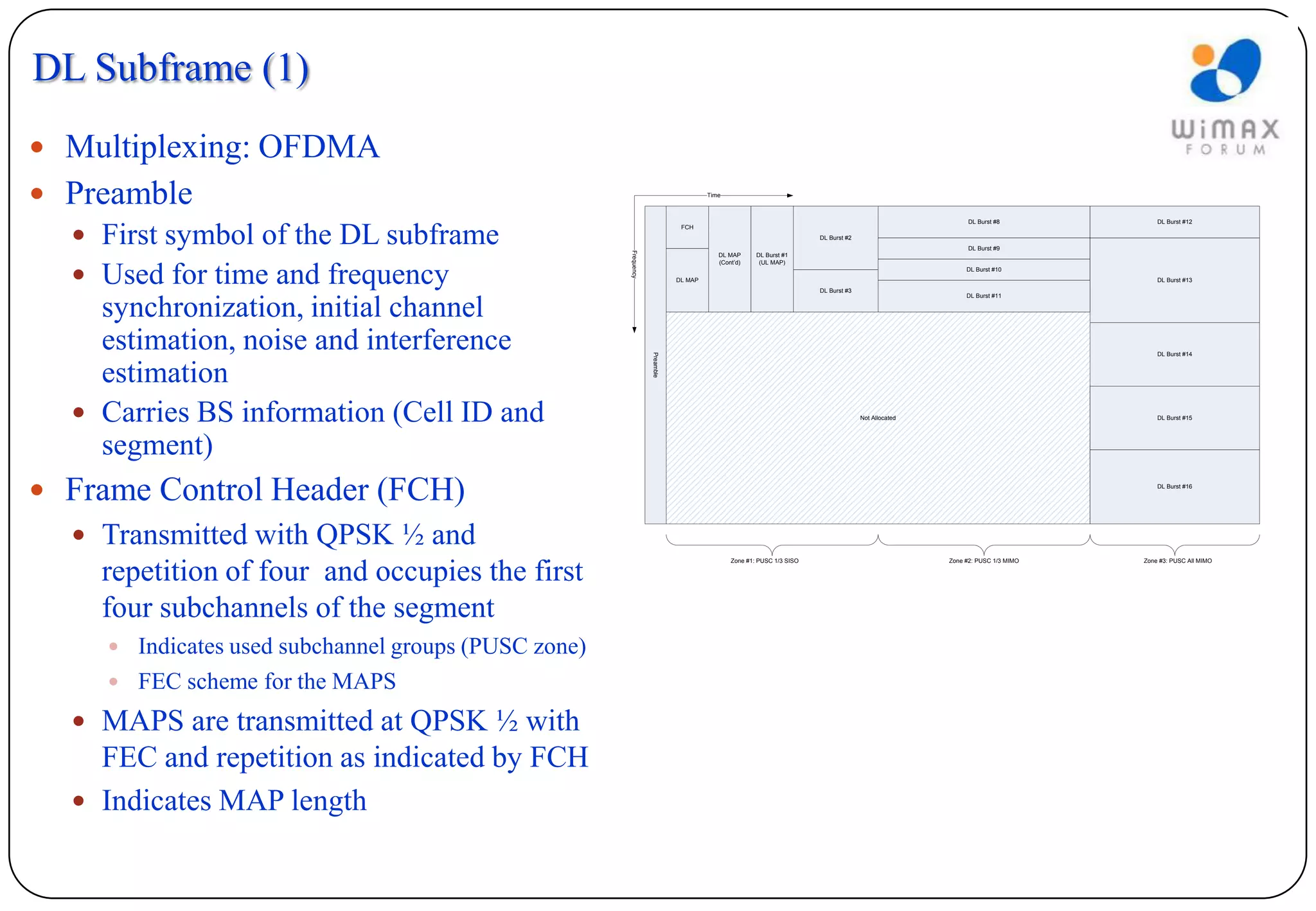 DL Subframe (1)
 Multiplexing: OFDMA
 Preamble                                                                            Time



                                                                                                                                                          DL Burst #8            DL Burst #12


   First symbol of the DL subframe
                                                                              FCH
                                                                                                                      DL Burst #2
                                                                                                                                                          DL Burst #9




                                                      Frequency
                                                                                         DL MAP      DL Burst #1
                                                                                         (Cont’d)     (UL MAP)


   Used for time and frequency                                              DL MAP
                                                                                                                      DL Burst #3
                                                                                                                                                         DL Burst #10
                                                                                                                                                                                 DL Burst #13

                                                                                                                                                         DL Burst #11


    synchronization, initial channel
    estimation, noise and interference                                                                                                                                           DL Burst #14




                                                                  Preamble
    estimation
   Carries BS information (Cell ID and                                                                                             Not Allocated                                DL Burst #15




    segment)
 Frame Control Header (FCH)                                                                                                                                                     DL Burst #16




   Transmitted with QPSK ½ and
                                                                                             Zone #1: PUSC 1/3 SISO                                 Zone #2: PUSC 1/3 MIMO   Zone #3: PUSC All MIMO

    repetition of four and occupies the first
    four subchannels of the segment
      Indicates used subchannel groups (PUSC zone)
      FEC scheme for the MAPS

   MAPS are transmitted at QPSK ½ with
    FEC and repetition as indicated by FCH
   Indicates MAP length
 