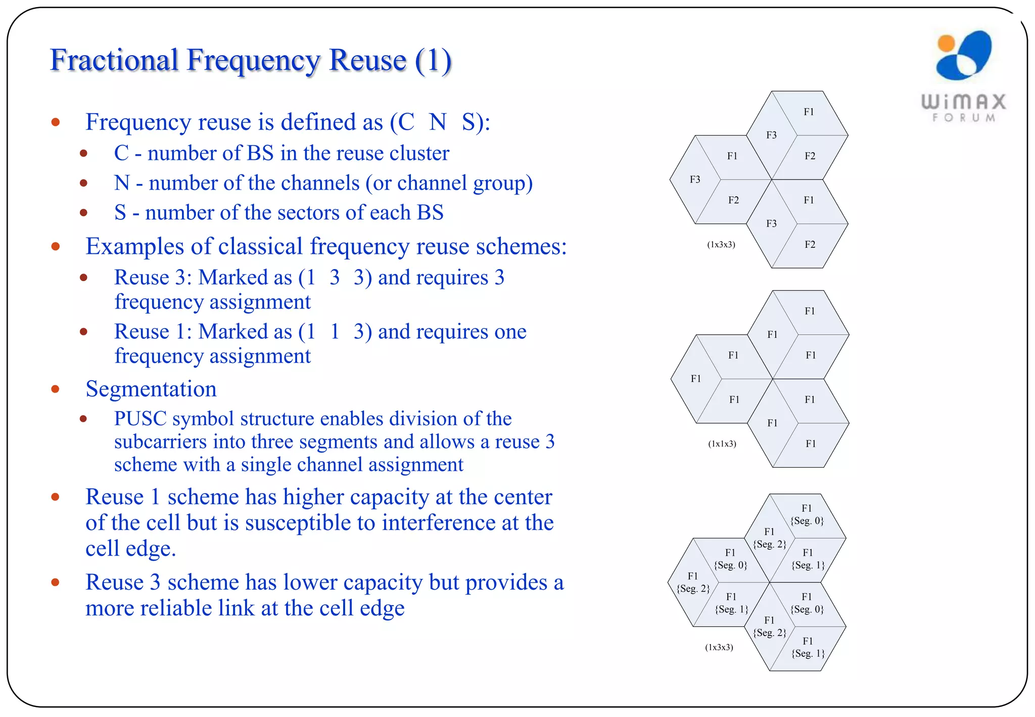 Fractional Frequency Reuse (1)
                                                                                                   F1
   Frequency reuse is defined as (C N S):                                              F3

       C - number of BS in the reuse cluster                                F1                    F2

       N - number of the channels (or channel group)             F3

                                                                             F2                    F1
       S - number of the sectors of each BS                                            F3

   Examples of classical frequency reuse schemes:                     (1x3x3)                     F2


       Reuse 3: Marked as (1 3 3) and requires 3
        frequency assignment                                                                       F1

       Reuse 1: Marked as (1 1 3) and requires one                                     F1

        frequency assignment                                                 F1                    F1

                                                                  F1
   Segmentation                                                             F1                    F1

       PUSC symbol structure enables division of the                                   F1

        subcarriers into three segments and allows a reuse 3           (1x1x3)                     F1

        scheme with a single channel assignment
   Reuse 1 scheme has higher capacity at the center                                              F1
    of the cell but is susceptible to interference at the                              F1
                                                                                                {Seg. 0}


    cell edge.                                                              F1
                                                                                     {Seg. 2}
                                                                                                  F1
                                                                          {Seg. 0}              {Seg. 1}
                                                                 F1
   Reuse 3 scheme has lower capacity but provides a           {Seg. 2}
                                                                            F1                    F1
    more reliable link at the cell edge                                   {Seg. 1}
                                                                                       F1
                                                                                                {Seg. 0}

                                                                                     {Seg. 2}
                                                                                                  F1
                                                                       (1x3x3)
                                                                                                {Seg. 1}
 