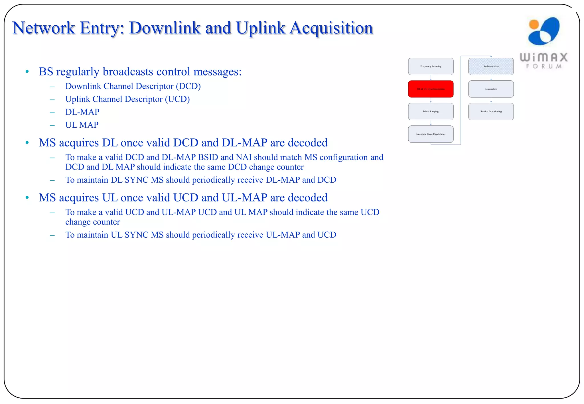 Network Entry: Downlink and Uplink Acquisition

 • BS regularly broadcasts control messages:
                                                                                            Frequency Scanning            Authentication




     –   Downlink Channel Descriptor (DCD)                                               DL & UL Synchronization            Registration




     –   Uplink Channel Descriptor (UCD)
     –   DL-MAP                                                                                Initial Ranging          Service Provisioning




     –   UL MAP
                                                                                         Negotiate Basic Capabilities



 • MS acquires DL once valid DCD and DL-MAP are decoded
     –   To make a valid DCD and DL-MAP BSID and NAI should match MS configuration and
         DCD and DL MAP should indicate the same DCD change counter
     –   To maintain DL SYNC MS should periodically receive DL-MAP and DCD

 • MS acquires UL once valid UCD and UL-MAP are decoded
     –   To make a valid UCD and UL-MAP UCD and UL MAP should indicate the same UCD
         change counter
     –   To maintain UL SYNC MS should periodically receive UL-MAP and UCD
 
