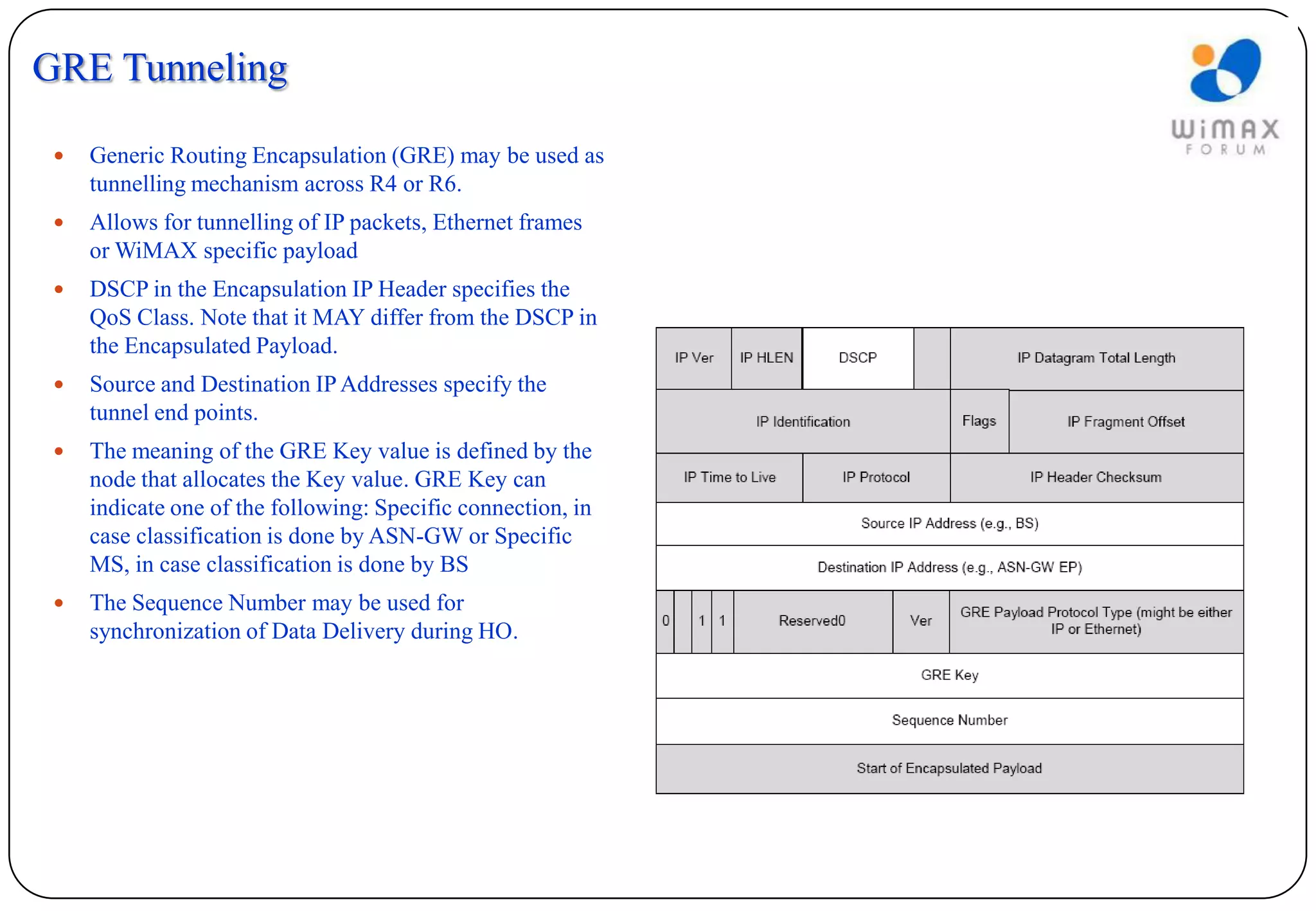 GRE Tunneling

    Generic Routing Encapsulation (GRE) may be used as
     tunnelling mechanism across R4 or R6.
    Allows for tunnelling of IP packets, Ethernet frames
     or WiMAX specific payload
    DSCP in the Encapsulation IP Header specifies the
     QoS Class. Note that it MAY differ from the DSCP in
     the Encapsulated Payload.
    Source and Destination IP Addresses specify the
     tunnel end points.
    The meaning of the GRE Key value is defined by the
     node that allocates the Key value. GRE Key can
     indicate one of the following: Specific connection, in
     case classification is done by ASN-GW or Specific
     MS, in case classification is done by BS
    The Sequence Number may be used for
     synchronization of Data Delivery during HO.
 