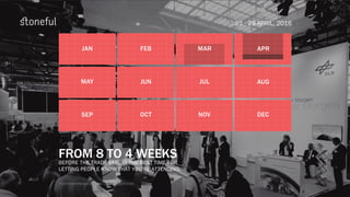 FROM 8 TO 4 WEEKS
BEFORE THE TRADE FAIR, IS THE BEST TIME FOR
LETTING PEOPLE KNOW THAT YOU’RE ATTENDING.
hannovermesse.de/en/... /lead-services
OCT NOV DEC
MAY JUN JUL AUG
JAN FEB
SEP
25 - 29 APRIL, 2016
APRMAR
 