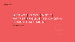 [AUDIENCES] [EXPECT] [EMPATHY]
FOR THEIR [PROBLEMS] AND [CONCERNS]
BEFORE THE [NEXT STEPS].
MNEMONIC DEVICE
 
