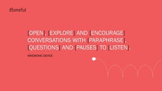 [OPEN], [EXPLORE] AND [ENCOURAGE]
CONVERSATIONS WITH [PARAPHRASE],
[QUESTIONS] AND [PAUSES] TO [LISTEN].
MNEMONIC DEVICE
 