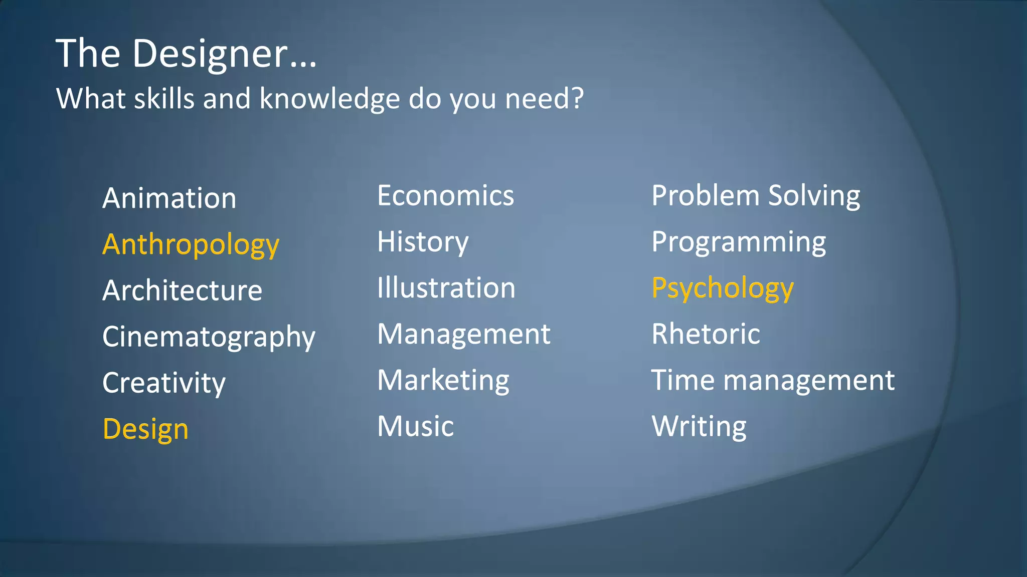 The Designer…
What skills and knowledge do you need?

Animation
Anthropology
Architecture
Cinematography
Creativity
Design

Economics
History
Illustration
Management
Marketing
Music

Problem Solving
Programming
Psychology
Rhetoric
Time management
Writing

 