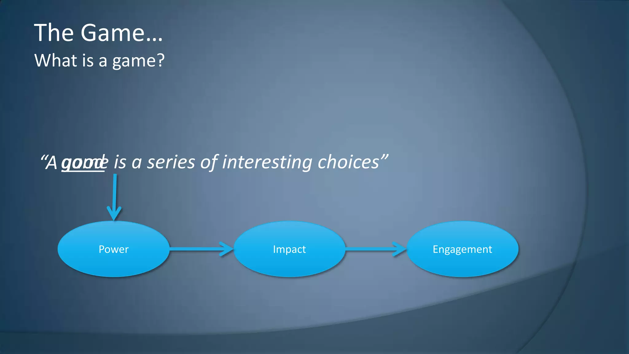 The Game…
What is a game?

good
“A game is a series of interesting choices”

Power

Impact

Engagement

 