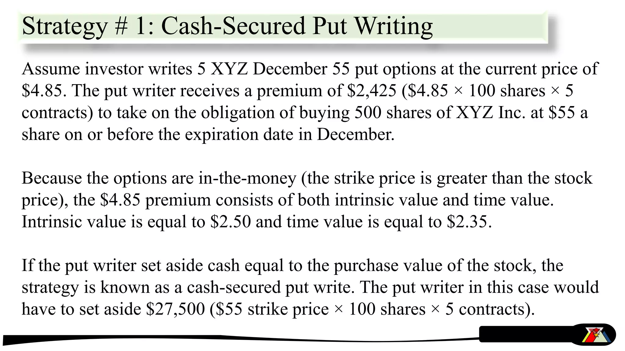 Strategy # 1: Cash-Secured Put Writing
Assume investor writes 5 XYZ December 55 put options at the current price of
$4.85. The put writer receives a premium of $2,425 ($4.85 × 100 shares × 5
contracts) to take on the obligation of buying 500 shares of XYZ Inc. at $55 a
share on or before the expiration date in December.
Because the options are in-the-money (the strike price is greater than the stock
price), the $4.85 premium consists of both intrinsic value and time value.
Intrinsic value is equal to $2.50 and time value is equal to $2.35.
If the put writer set aside cash equal to the purchase value of the stock, the
strategy is known as a cash-secured put write. The put writer in this case would
have to set aside $27,500 ($55 strike price × 100 shares × 5 contracts).
 