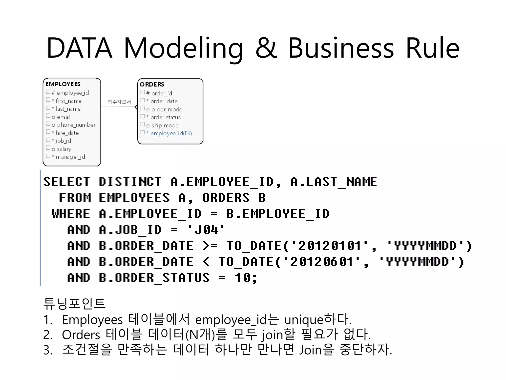 DATA Modeling & Business Rule
튜닝포인트
1. Employees 테이블에서 employee_id는 unique하다.
2. Orders 테이블 데이터(N개)를 모두 join할 필요가 없다.
3. 조건절을 만족하는 데이터 하나만 만나면 Join을 중단하자.
 
