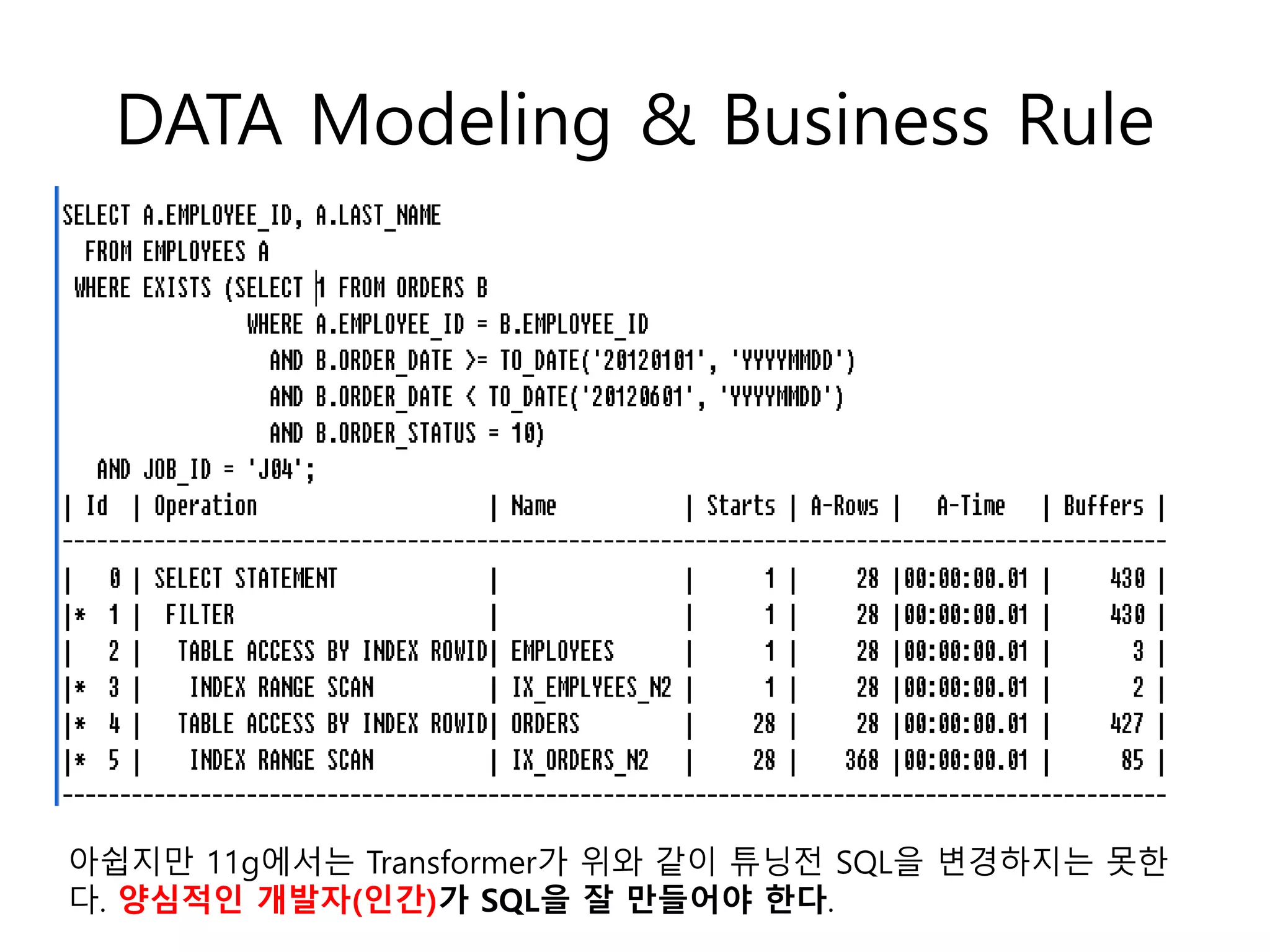 DATA Modeling & Business Rule
아쉽지만 11g에서는 Transformer가 위와 같이 튜닝전 SQL을 변경하지는 못한
다. 양심적인 개발자(인간)가 SQL을 잘 만들어야 한다.
 