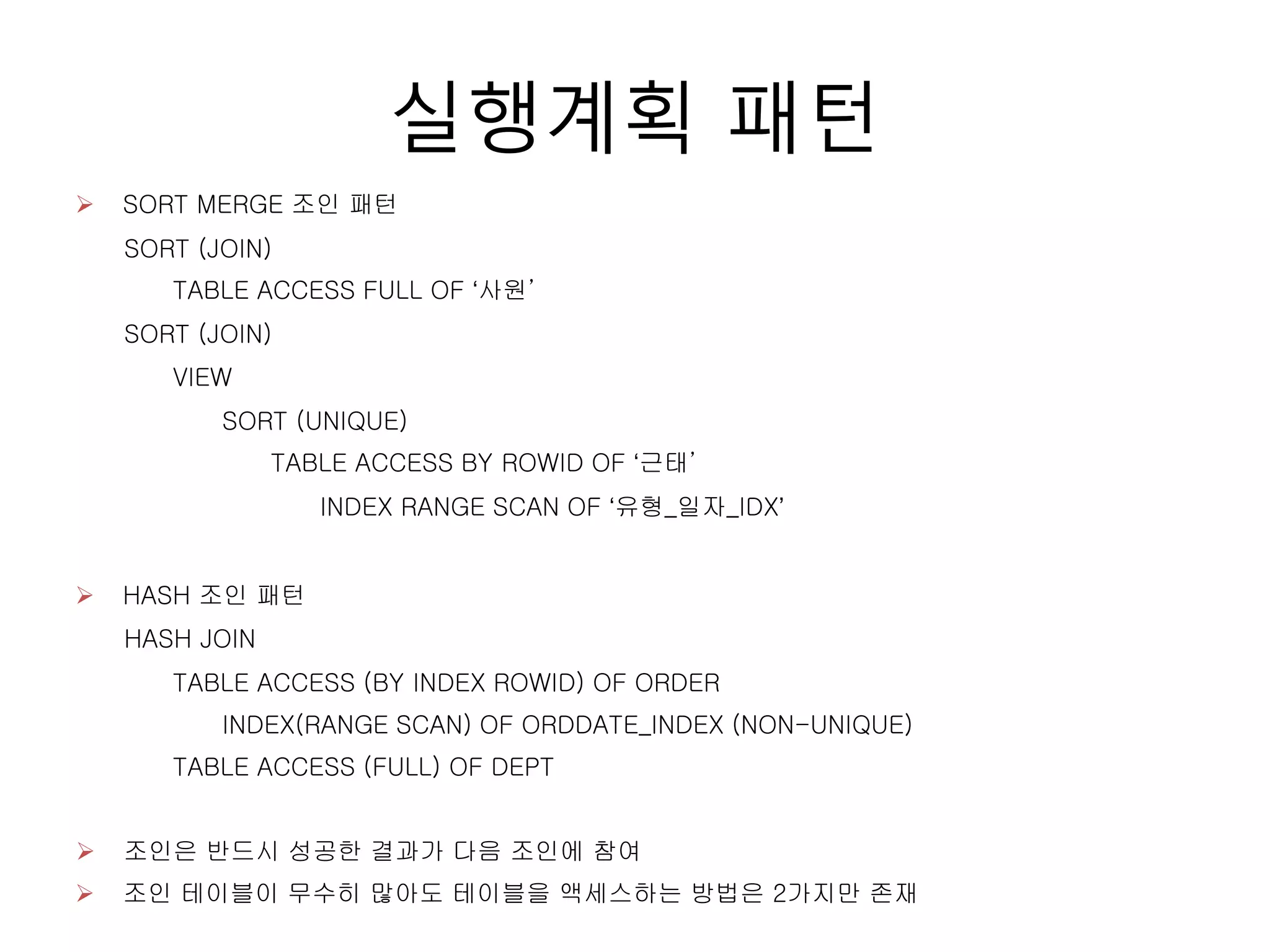 실행계획 패턴
 SORT MERGE 조인 패턴
TABLE ACCESS FULL OF ‘사원’
SORT (JOIN)
VIEW
SORT (UNIQUE)
TABLE ACCESS BY ROWID OF ‘근태’
INDEX RANGE SCAN OF ‘유형_일자_IDX’
 HASH 조인 패턴
HASH JOIN
TABLE ACCESS (BY INDEX ROWID) OF ORDER
SORT (JOIN)
INDEX(RANGE SCAN) OF ORDDATE_INDEX (NON-UNIQUE)
TABLE ACCESS (FULL) OF DEPT
 조인은 반드시 성공한 결과가 다음 조인에 참여
 조인 테이블이 무수히 많아도 테이블을 액세스하는 방법은 2가지만 존재
 