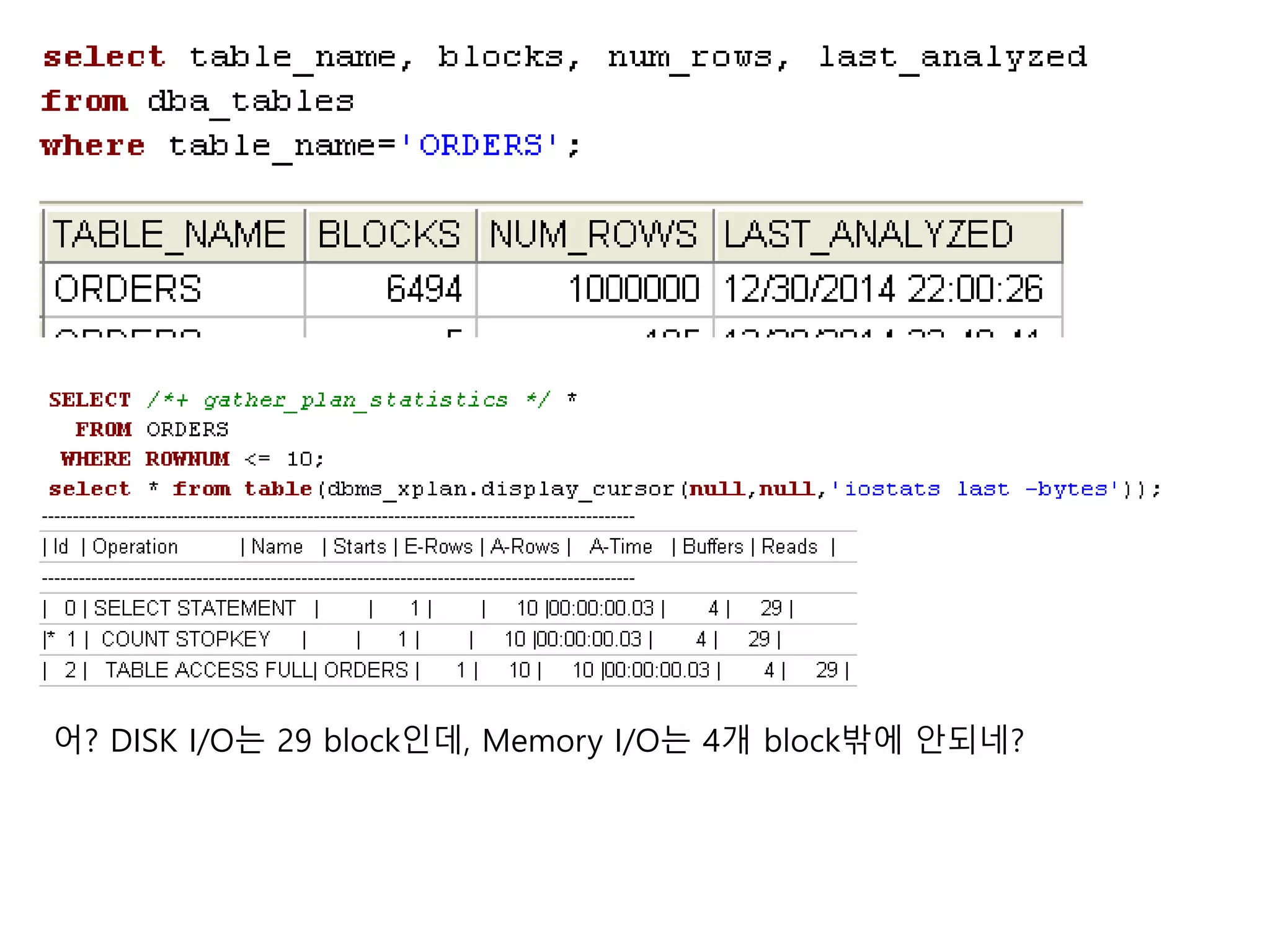 어? DISK I/O는 29 block인데, Memory I/O는 4개 block밖에 안되네?
 