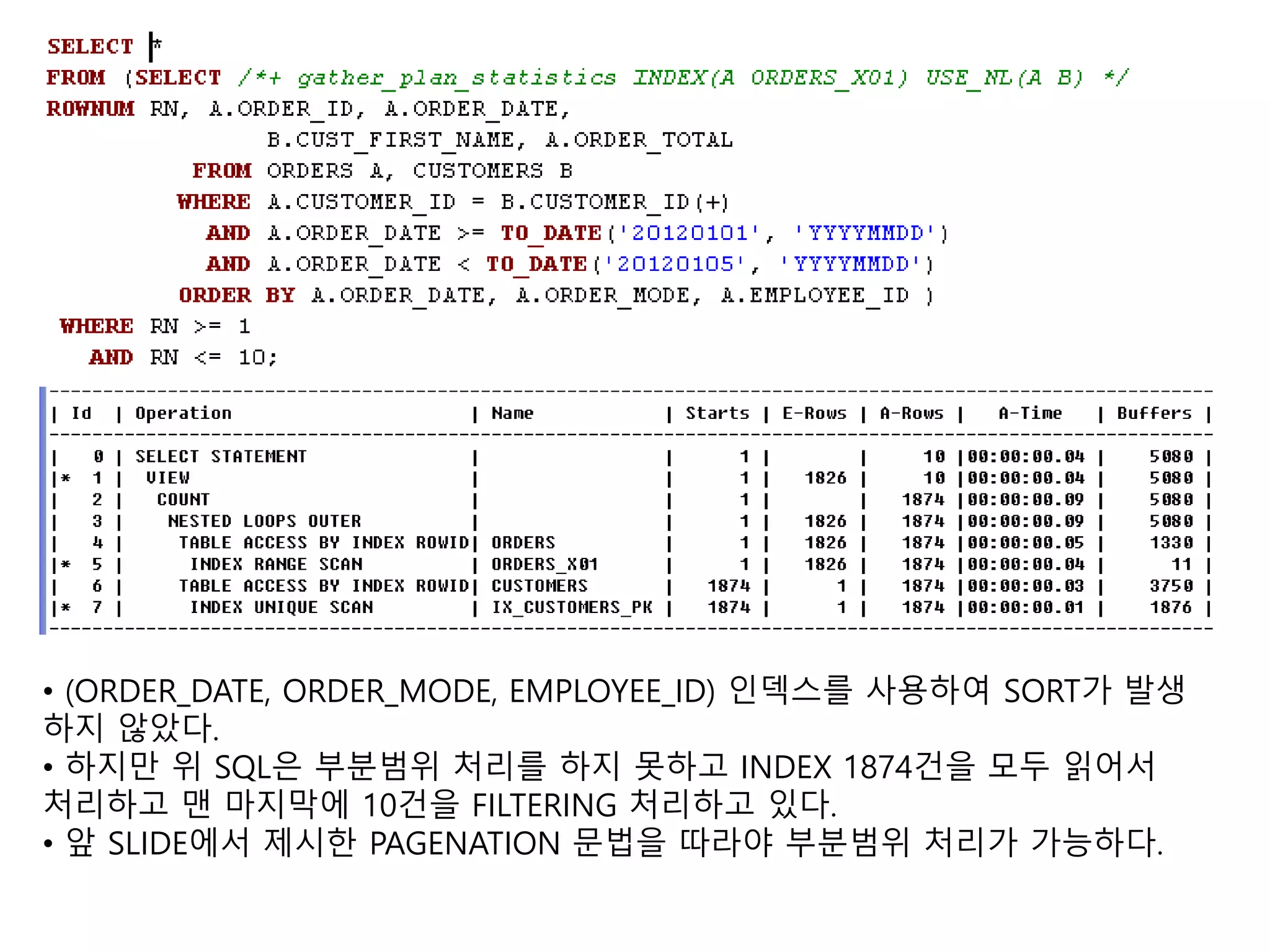 • (ORDER_DATE, ORDER_MODE, EMPLOYEE_ID) 인덱스를 사용하여 SORT가 발생
하지 않았다.
• 하지만 위 SQL은 부분범위 처리를 하지 못하고 INDEX 1874건을 모두 읽어서
처리하고 맨 마지막에 10건을 FILTERING 처리하고 있다.
• 앞 SLIDE에서 제시한 PAGENATION 문법을 따라야 부분범위 처리가 가능하다.
 