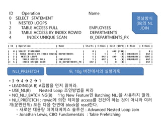 ID Operation Name
0 SELECT STATEMENT
1 NESTED LOOPS
2 TABLE ACCESS FULL EMPLOYEES
3 TABLE ACCESS BY INDEX ROWID DEPARTMENTS
4 INDEX UNIQUE SCAN IX_DEPARTMENTS_PK
NLJ_PREFETCH
• 3  4  2  1
• LEADING(A B) A집합을 먼저 읽어라.
• USE_NL(B) Nested Loop 조인방법을 써라
• NO_NLJ_BATCHING(B) 11g New Feature인 Batching NLJ을 사용하지 말라.
• NLJ_PREFETCH : rowid에 의한 테이블 access를 건건이 하는 것이 아니라 여러
개(운반단위) 모든 다음 한번에 block을 read한다.
- 새로쓴 대용량 데이터베이스 솔루션 : Advanced Nested Loop Join
- Jonathan Lewis, CBO Fundamentals : Table Prefetching
9i, 10g 버전에서의 실행계획
옛날방식
(8i)의 NL
JOIN
 