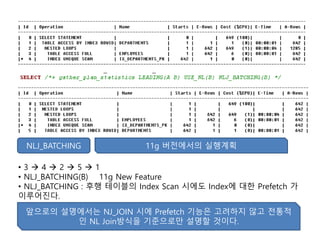 • 3  4  2  5  1
• NLJ_BATCHING(B) 11g New Feature
• NLJ_BATCHING : 후행 테이블의 Index Scan 시에도 Index에 대한 Prefetch 가
이루어진다.
NLJ_BATCHING 11g 버전에서의 실행계획
앞으로의 설명에서는 NJ_JOIN 시에 Prefetch 기능은 고려하지 않고 전통적
인 NL Join방식을 기준으로만 설명할 것이다.
 