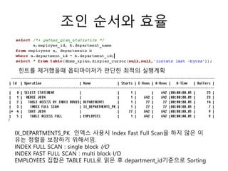 조인 순서와 효율
힌트를 제거했을때 옵티마이저가 판단한 최적의 실행계획
IX_DEPARTMENTS_PK 인덱스 사용시 Index Fast Full Scan을 하지 않은 이
유는 정렬을 보장하기 위해서임.
INDEX FULL SCAN : single block I/O
INDEX FAST FULL SCAN : multi block I/O
EMPLOYEES 집합은 TABLE FULL로 읽은 후 department_id기준으로 Sorting
 