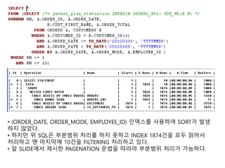 • (ORDER_DATE, ORDER_MODE, EMPLOYEE_ID) 인덱스를 사용하여 SORT가 발생
하지 않았다.
• 하지만 위 SQL은 부분범위 처리를 하지 못하고 INDEX 1874건을 모두 읽어서
처리하고 맨 마지막에 10건을 FILTERING 처리하고 있다.
• 앞 SLIDE에서 제시한 PAGENATION 문법을 따라야 부분범위 처리가 가능하다.
 