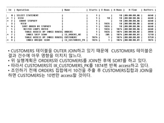 • CUSTOMERS 테이블을 OUTER JOIN하고 있기 때문에 CUSTOMERS 테이블은
결과 건수에 아무 영향을 미치지 않느다.
• 위 실행계획은 ORDERS와 CUSTOMERS를 JOIN한 후에 SORT를 하고 있다.
• 따라서 CUSTOMERS의 IX_CUSTOMERS_PK를 1874번 반복 access하고 있다.
• 조인하기 전에 ORDERS 집합에서 10건을 추출 후 CUSTOMERS집합과 JOIN을
하면 CUSTOMERS는 10번만 access할 것이다.
 