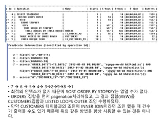 • 7  6  5 4 3298 1
• 최적의 인덱스가 없기 때문에 SORT ORDER BY STOPKEY는 없앨 수가 없다.
• ORDERS 집합을 먼저 pagenation처리하였고, 그 결과 집합(VIEW)을
CUSTOMERS집합과 LESTED LOOPS OUTER 조인 수행하였다.
• 만약 CUSTOMERS 테이블과의 조인이 INNER JOIN이라면 조인 했을 때 건수
가 줄어들 수도 있기 때문에 위와 같은 방법을 항상 사용할 수 있는 것은 아니
다.
 