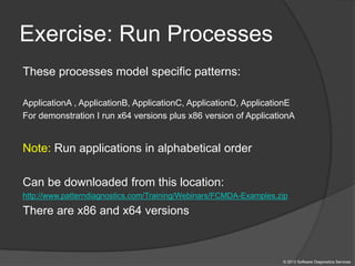 Exercise: Run Processes
These processes model specific patterns:
ApplicationA , ApplicationB, ApplicationC, ApplicationD, ApplicationE
For demonstration I run x64 versions plus x86 version of ApplicationA
Note: Run applications in alphabetical order
Can be downloaded from this location:
http://www.patterndiagnostics.com/Training/Webinars/FCMDA-Examples.zip
There are x86 and x64 versions
© 2013 Software Diagnostics Services
 