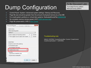 Dump Configuration
 Control Panel  System  Advanced system settings  Startup and Recovery
 Page file size should be greater than the amount of physical memory by a few MB
 For small system partitions or virtual disk systems: DedicatedDumpFile (KB969028)
 No complete memory dumps saved (+W7) WER services blog
 Page file preservation (+W8.1) Dev Center
To Be Discussed Later
Truncated Dump pattern
Manual Dump pattern
Troubleshooting note:
HKLM  SYSTEM  CurrentControlSet  Control  CrashControl
CrashDumpEnabled = 1 (DWORD)
© 2013 Software Diagnostics Services
 