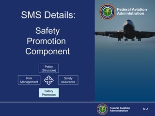 SMS Details:

Federal Aviation
Administration

Safety
Promotion
Component
Policy
(Structure)
Risk
Management

Safety
Assurance
Safety
Promotion

Federal Aviation
Administration

SL-1

 