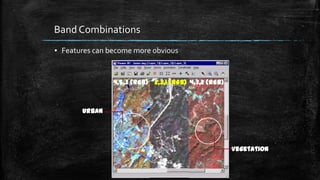 Band Combinations
▪ Features can become more obvious
Vegetation
Urban
2,3,1 (RGB) 4,3,2 (RGB)4,5,3 (RGB)
 