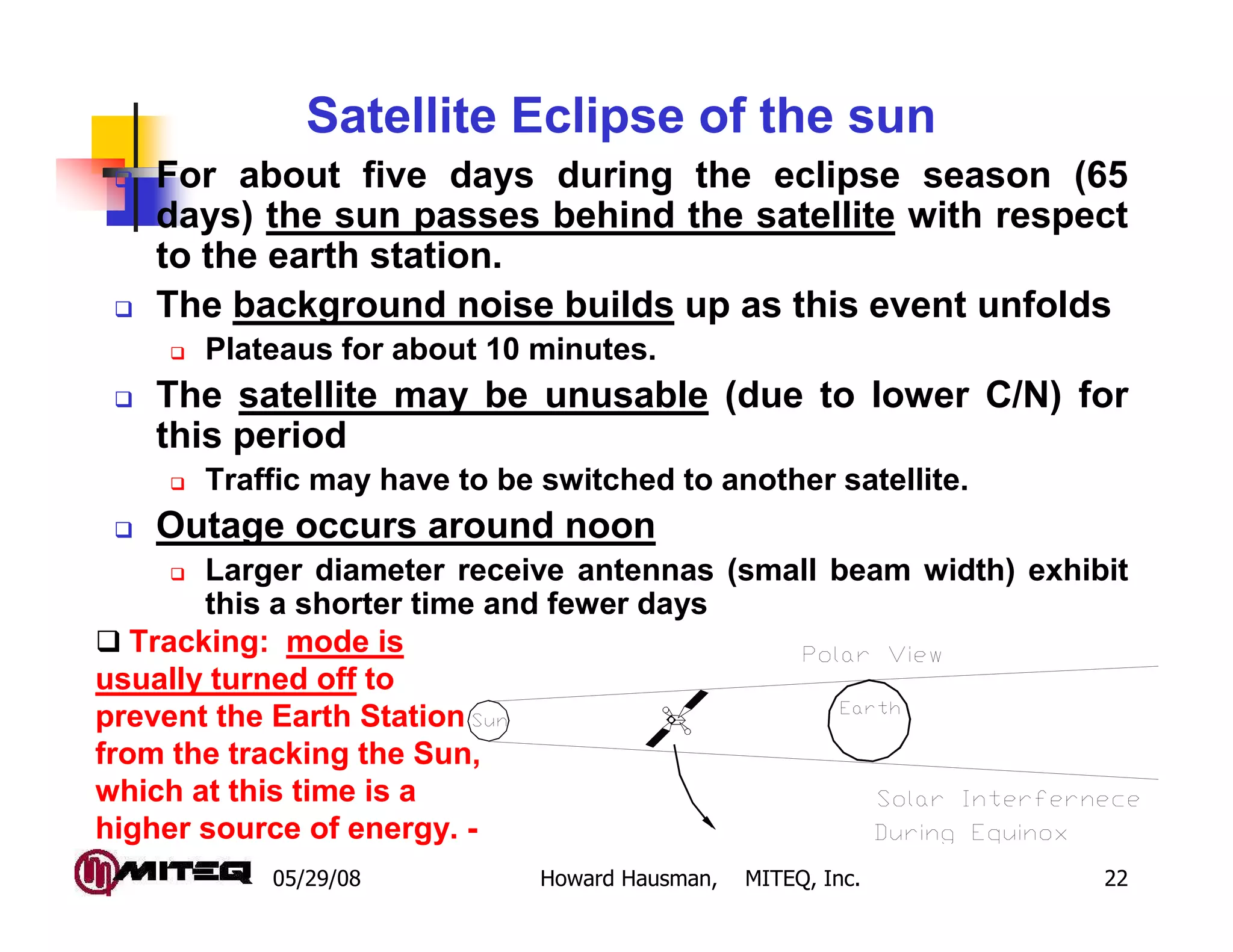 05/29/08 Howard Hausman, MITEQ, Inc. 22
Satellite Eclipse of the sun
For about five days during the eclipse season (65
days) the sun passes behind the satellite with respect
to the earth station.
The background noise builds up as this event unfolds
Plateaus for about 10 minutes.
The satellite may be unusable (due to lower C/N) for
this period
Traffic may have to be switched to another satellite.
Outage occurs around noon
Larger diameter receive antennas (small beam width) exhibit
this a shorter time and fewer days
Tracking: mode is
usually turned off to
prevent the Earth Station
from the tracking the Sun,
which at this time is a
higher source of energy. -
 