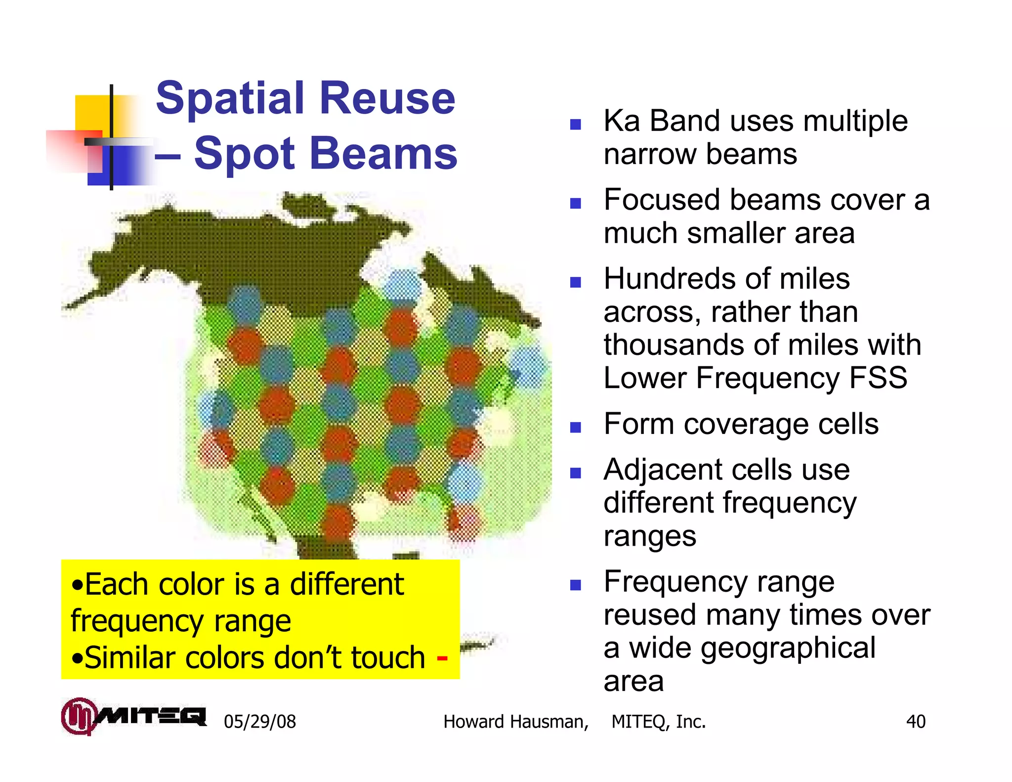 05/29/08 Howard Hausman, MITEQ, Inc. 40
Spatial Reuse
– Spot Beams
Ka Band uses multiple
narrow beams
Focused beams cover a
much smaller area
Hundreds of miles
across, rather than
thousands of miles with
Lower Frequency FSS
Form coverage cells
Adjacent cells use
different frequency
ranges
Frequency range
reused many times over
a wide geographical
area
•Each color is a different
frequency range
•Similar colors don’t touch -
 