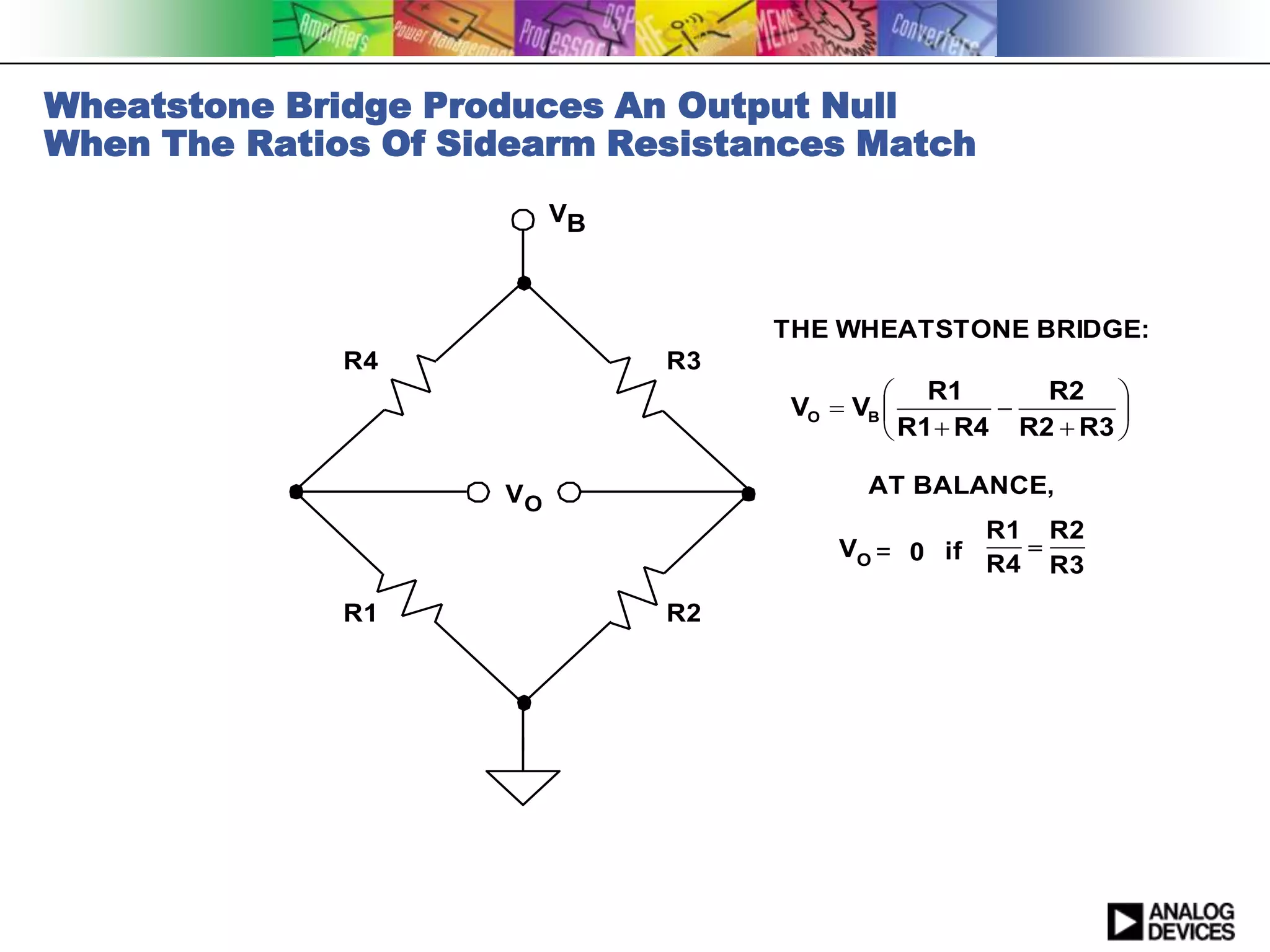 Wheatstone Bridge Produces An Output Null
When The Ratios Of Sidearm Resistances Match
                          VB



                                    THE WHEATSTONE BRIDGE:
              R4               R3
                                              R1        R2 
                                     VO  VB                 
                                              R1 + R4 R2 + R3 

                     VO                    AT BALANCE,
                                                  R1 R2
                                        VO = 0 if   
                                                  R4 R3
              R1               R2
 