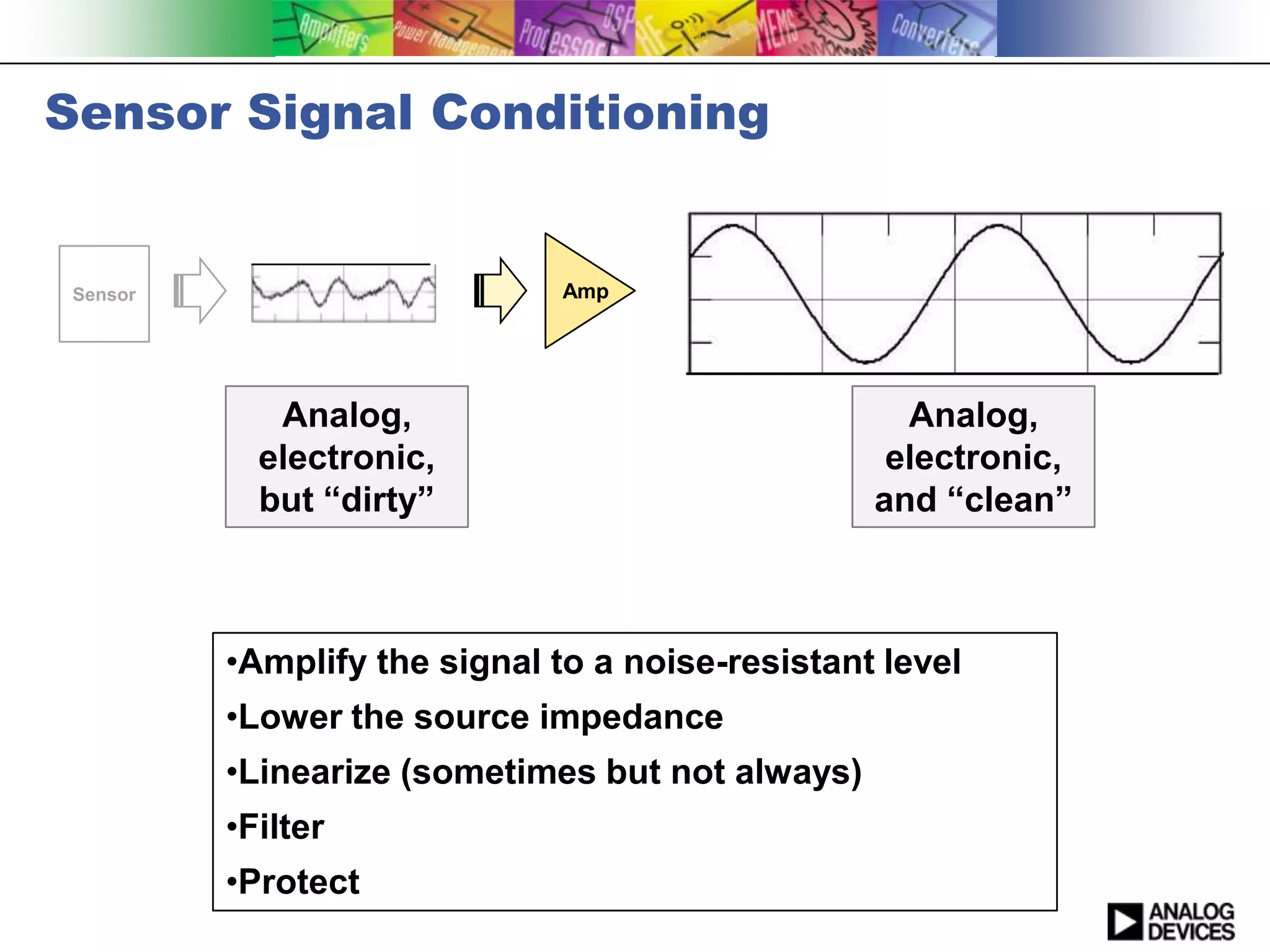 Sensor Signal Conditioning


 Sensor                        Amp




             Analog,                                Analog,
            electronic,                            electronic,
            but “dirty”                           and “clean”



          •Amplify the signal to a noise-resistant level
          •Lower the source impedance
          •Linearize (sometimes but not always)
          •Filter
          •Protect
 