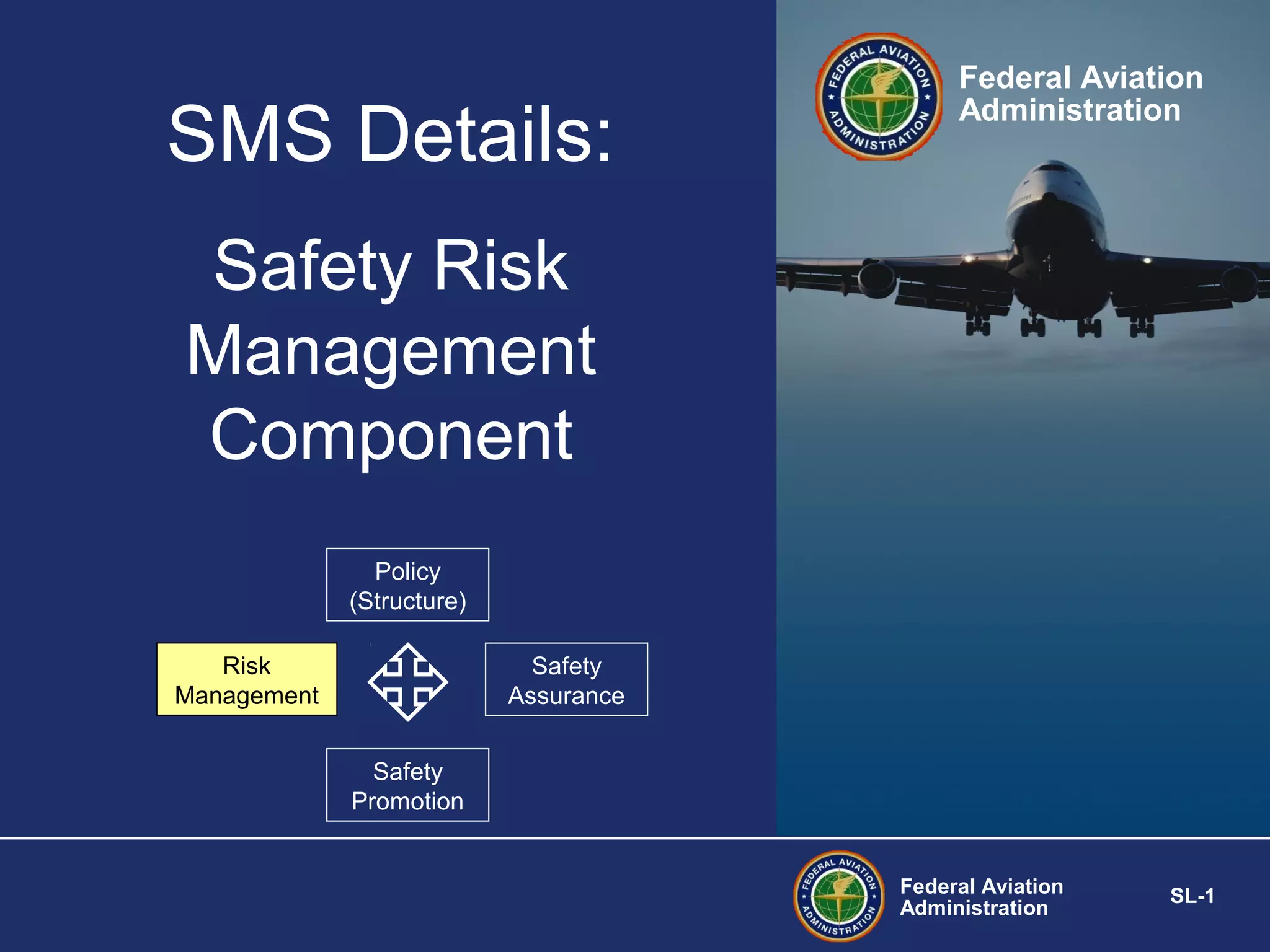 SMS Details:

Federal Aviation
Administration

Safety Risk
Management
Component
Policy
(Structure)
Risk
Management

Safety
Assurance
Safety
Promotion
Federal Aviation
Administration

SL-1

 