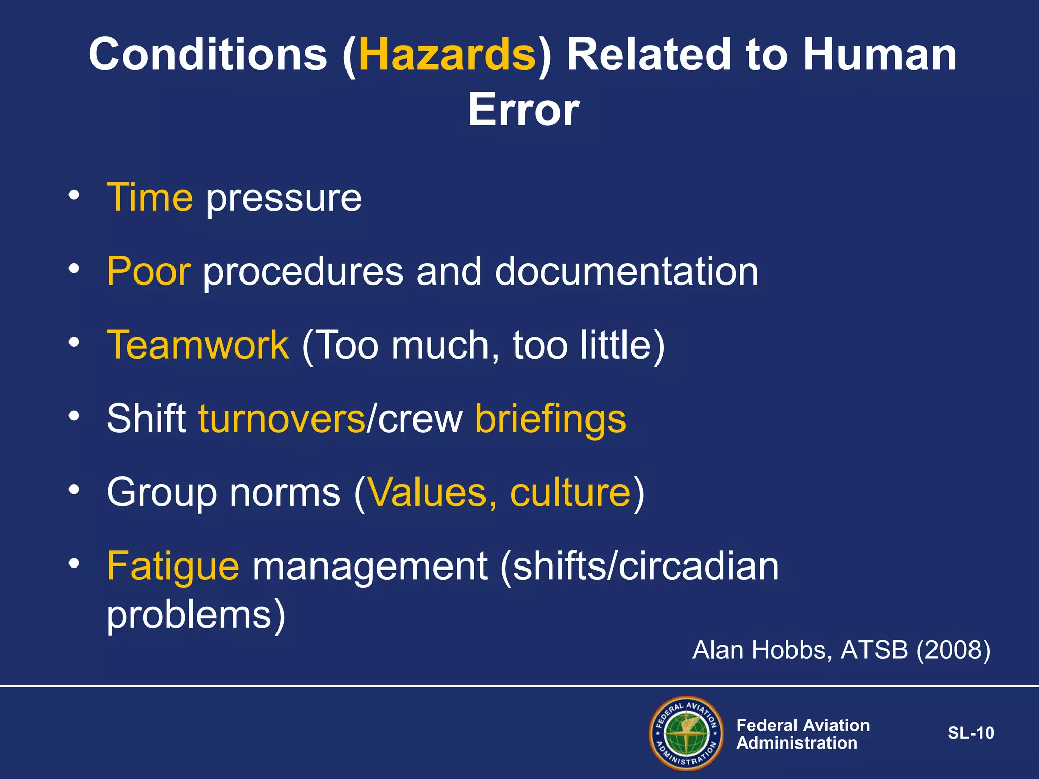 Conditions (Hazards) Related to Human
Error
• Time pressure
• Poor procedures and documentation
• Teamwork (Too much, too little)
• Shift turnovers/crew briefings
• Group norms (Values, culture)
• Fatigue management (shifts/circadian
problems)

Alan Hobbs, ATSB (2008)
Federal Aviation
Administration

SL-10

 