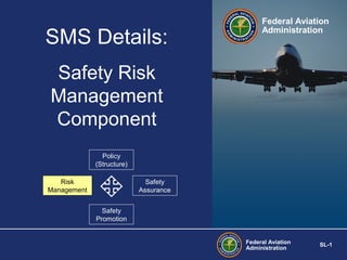 SMS Details:

Federal Aviation
Administration

Safety Risk
Management
Component
Policy
(Structure)
Risk
Management

Safety
Assurance
Safety
Promotion
Federal Aviation
Administration

SL-1

 