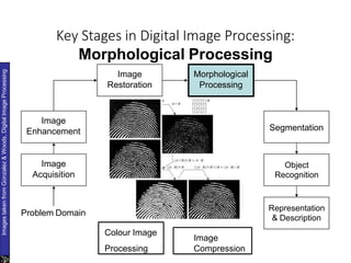 Key Stages in Digital Image Processing:
Morphological Processing
Image
Acquisition
Image
Restoration
Morphological
Processing
Segmentation
Representation
& Description
Image
Enhancement
Object
Recognition
Problem Domain
Colour Image
Image
Images
taken
from
Gonzalez
&
Woods,
Digital
Image
Processing
Processing Compression
 