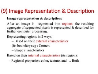 (9) Image Representation & Description
Image representation & description:
After an image is segmented into regions; the resulting
aggregate of segmented pixels is represented & described for
further computer processing.
Representing regions in 2 ways:
– Based on their external characteristics
(its boundary):eg : Corners
– Shape characteristics
Based on their internal characteristics (its region):
– Regional properties: color, texture, and … Both
 