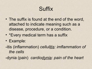 Suffix The suffix is found at the end of the word, attached to indicate meaning such as a disease, procedure, or a condition. *Every medical term has a suffix Example:  -itis (inflammation)  cellul itis : imflammation of the cells -dynia (pain)  cardio dynia : pain of the heart 