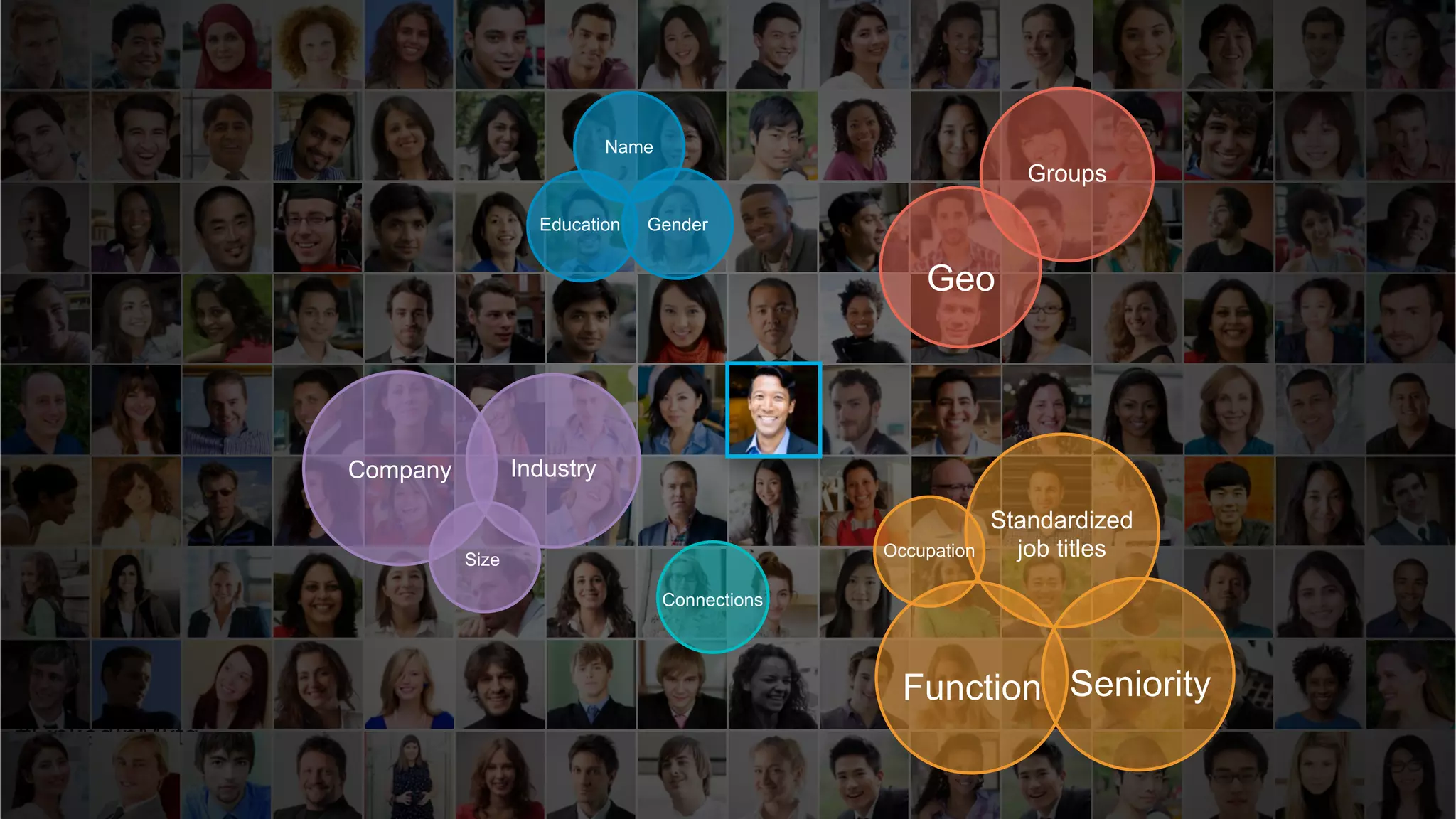 #LinkedInMktg
Connections
Company Industry
Size
Name
GenderEducation
Geo
Groups
Standardized
job titles
SeniorityFunction
Occupation
 