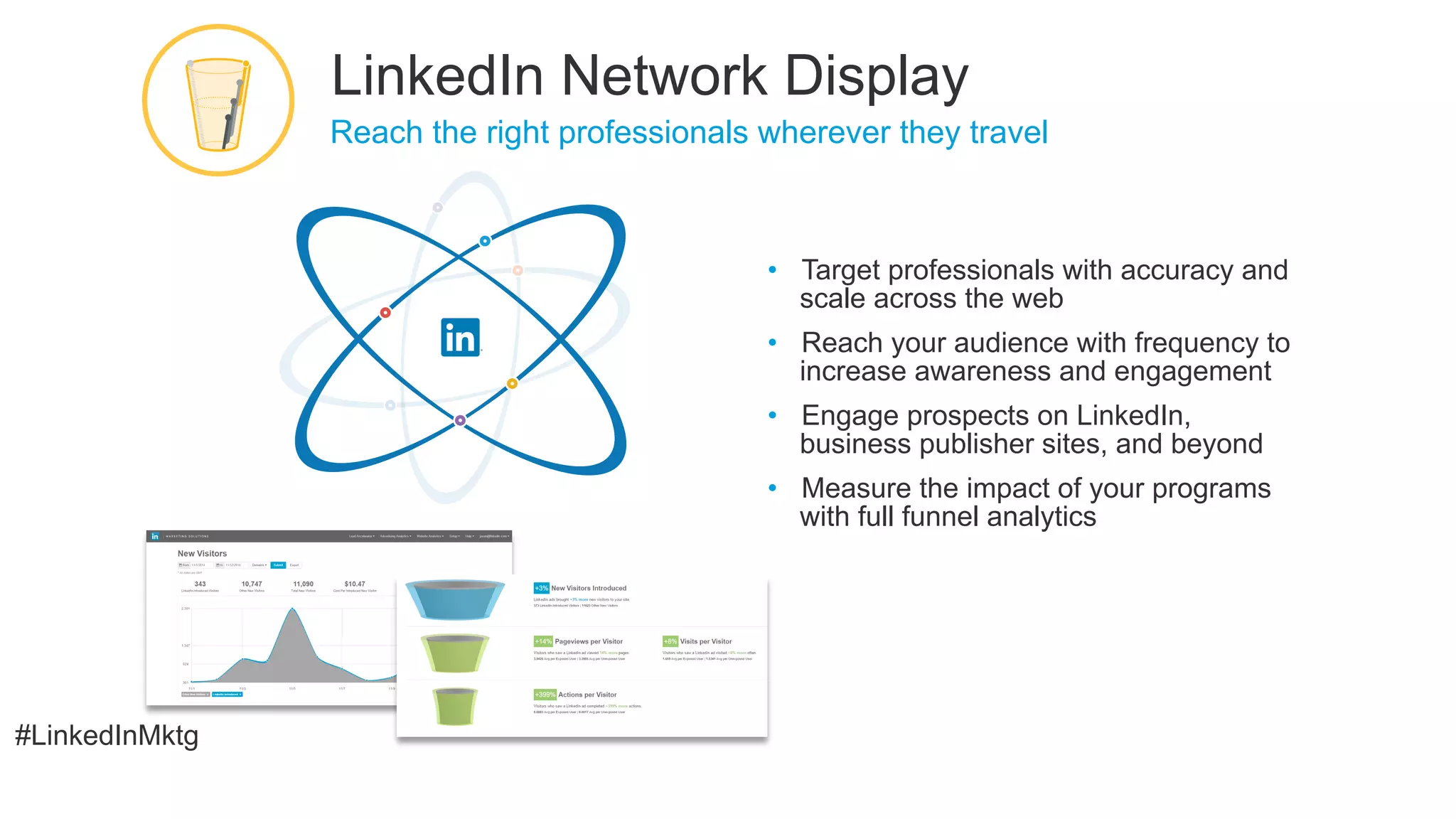 #LinkedInMktg
•  Target professionals with accuracy and
scale across the web
•  Reach your audience with frequency to
increase awareness and engagement
•  Engage prospects on LinkedIn,
business publisher sites, and beyond
•  Measure the impact of your programs
with full funnel analytics
​ Reach the right professionals wherever they travel
LinkedIn Network Display
 