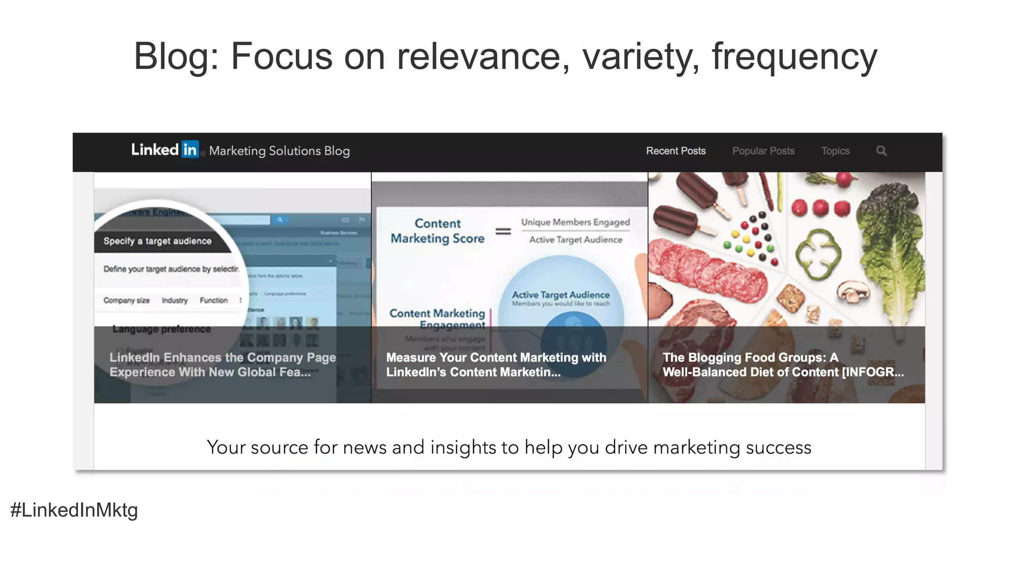 #LinkedInMktg
Blog: Focus on relevance, variety, frequency
 